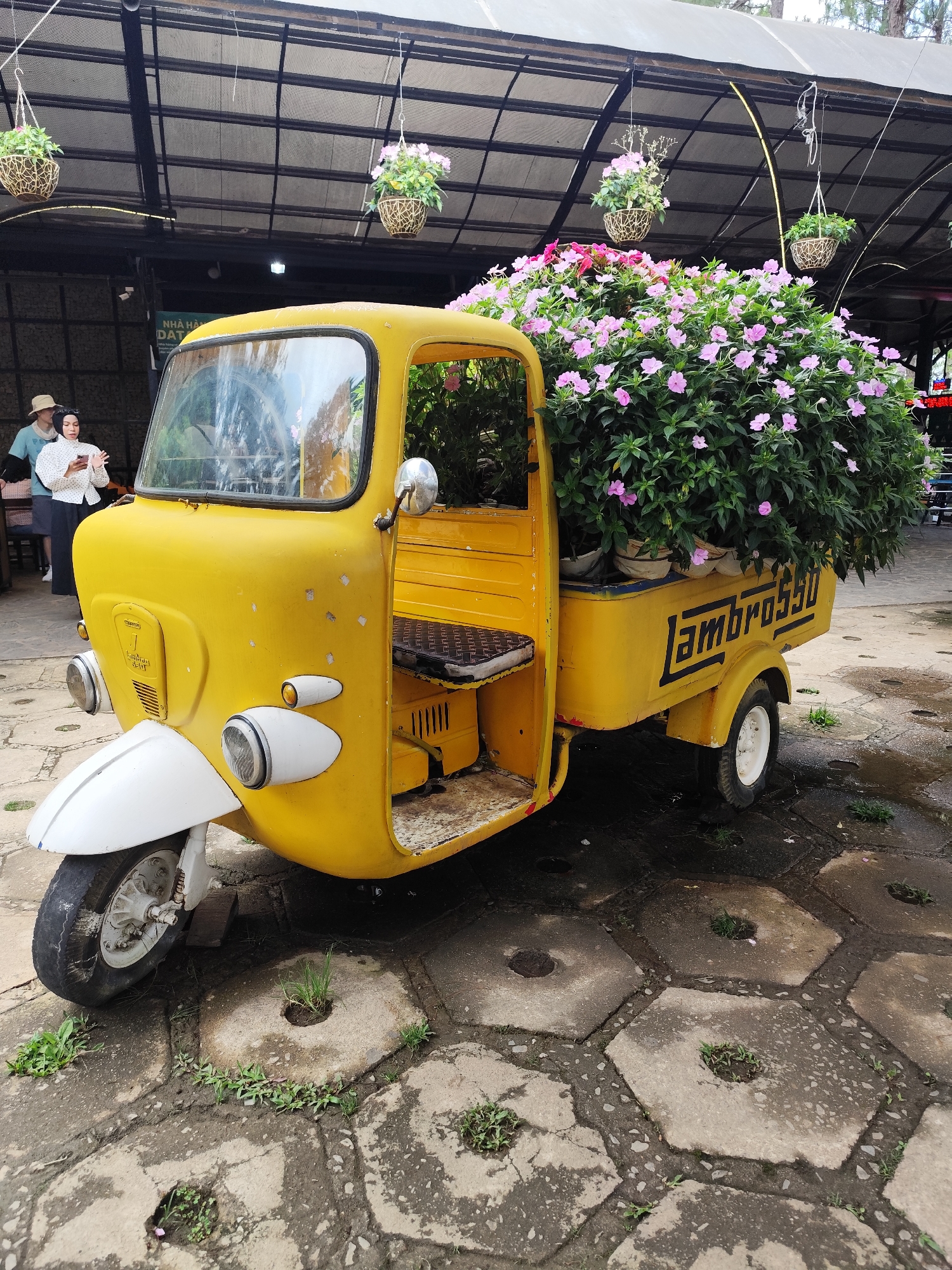 The image presents a yellow, three-wheeled vehicle prominently displayed amidst hexagonal stone paving. A dense arrangement of flowering plants, predominantly pink, occupies the vehicle's truck bed. The vehicle is labeled with the word "Lambrosso". In the background, two individuals are visible near a dark structure with hanging plants. The location is identified as Da Lat, Vietnam. The environment features a combination of natural and man-made elements, including plants growing through the stone paving and overhead architectural structures. The lighting suggests an outdoor setting with overcast conditions.