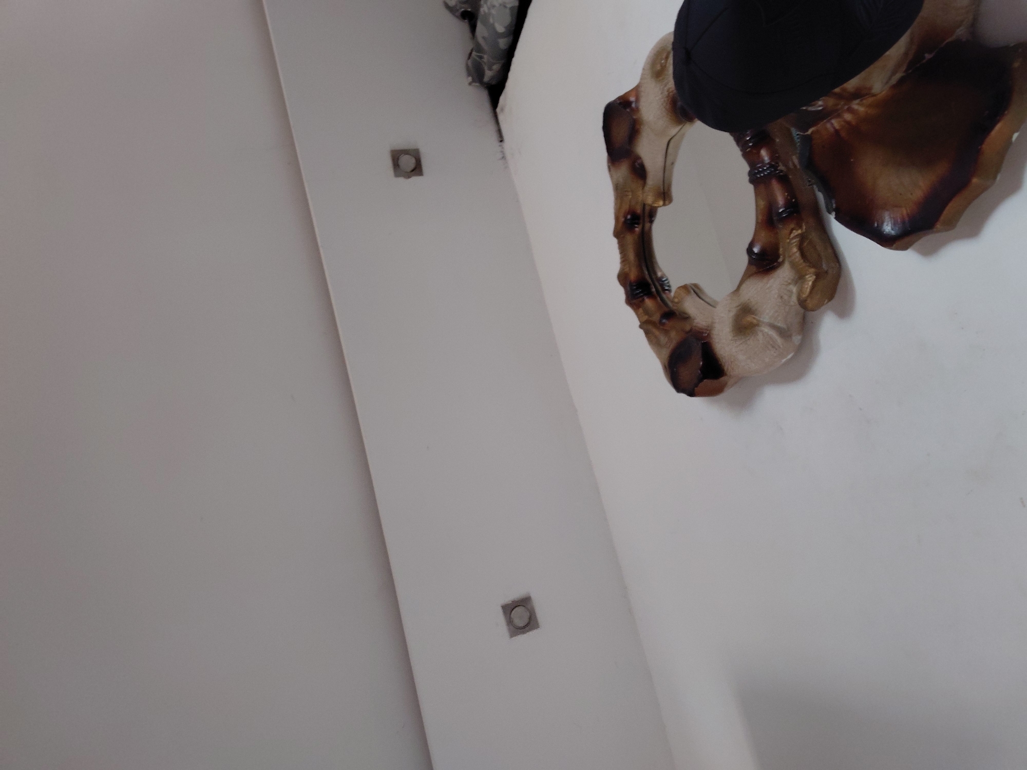 The image displays an interior scene, likely within a room in Santa Ana, Venezuela, characterized by plain white walls and ceiling. The perspective is an upward-looking shot, focusing on a corner where two white surfaces meet.
On the right side of the frame, a decorative mirror is prominent, featuring an ornate, organic-shaped frame. This frame has a textured appearance, resembling weathered wood or bone, with a gradient of light beige and dark brown tones, contributing to a natural or rustic aesthetic. A dark, black object, possibly an item of clothing, a hat, or part of a person's upper body, is partially visible near the top right edge, with a portion of it seemingly reflected in the mirror's surface.
Two square-shaped, metallic-rimmed light fixtures, appearing to be recessed spotlights, are embedded into the white surface, positioned on the left side of the frame. No explicit human subjects are clearly identifiable, although the black object hints at a human presence. No specific activity or event is actively taking place. There is no visible text within the image. The time of day and external weather conditions are indeterminate from this indoor shot.