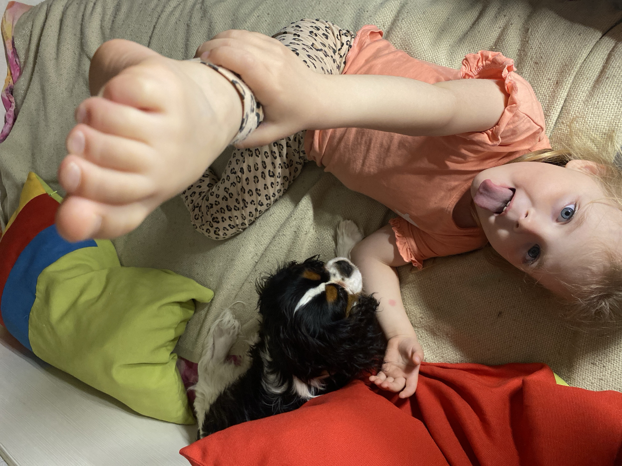 A young child, likely a toddler, is lying on a beige couch with a Cavalier King Charles Spaniel puppy. The child is wearing a peach-colored ruffled shirt and leopard-print leggings. They are holding their foot in the air, and their tongue is sticking out. The puppy is lying beside the child, nestled against a red pillow. There are also multi-colored pillows nearby. The location appears to be indoors, possibly a home in Votkinsk, Russia, but this location cannot be confirmed solely from the image.