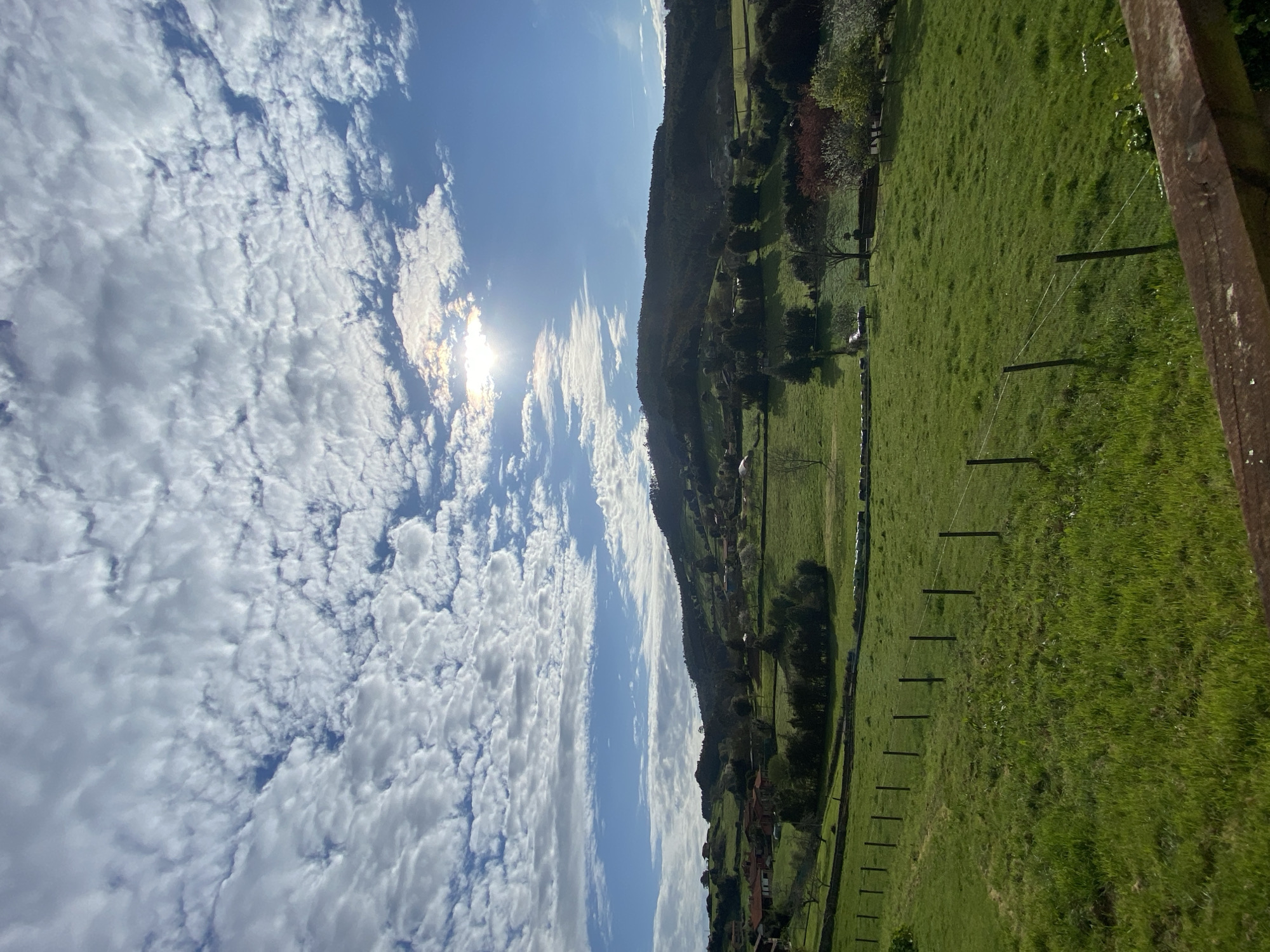 The image shows a rural landscape, likely located near Villaviciosa, Spain. The scene features a vibrant green field stretching across the majority of the right side of the frame. Along the field's edge, a series of wooden posts with wire strung between them forms a rudimentary fence. Beyond the field, a tree-covered hillside rises. On the left, the sky is predominantly blue, filled with a dense layer of white, textured clouds. The sun is visible, obscured by the clouds, creating a diffused, bright glow. The image is oriented vertically. The general impression is one of a peaceful, natural setting.