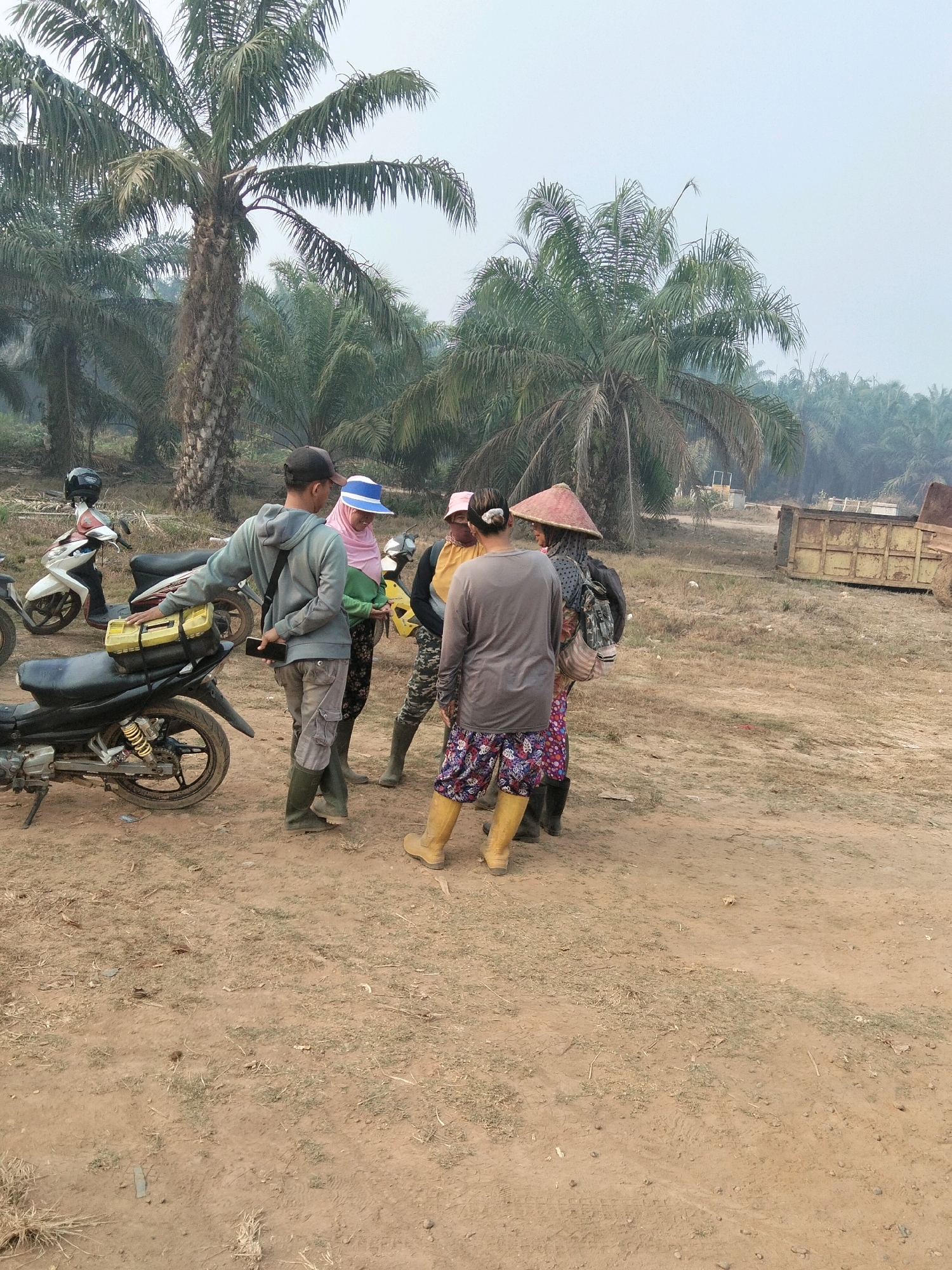 This image depicts a group of five individuals standing on a dirt road amidst a palm oil plantation, likely in Teluk Tenggirik, Indonesia. The environment is characterized by tall palm trees, dry grass, and sandy soil. In the background, a yellow dump truck and other unspecified structures are visible.
The individuals, dressed in casual work attire, are gathered in a huddle, possibly engaged in conversation. Three individuals are wearing headscarves or hats for protection from the sun, one of whom is wearing a conical straw hat. All visible individuals are wearing boots.
Several motorcycles are parked nearby, suggesting a mode of transportation for the group. One motorcycle in the foreground has a yellow toolbox strapped to its rear seat. The lighting suggests it is daytime, with a hazy sky. The overall scene suggests a work-related gathering or break within an agricultural setting.
