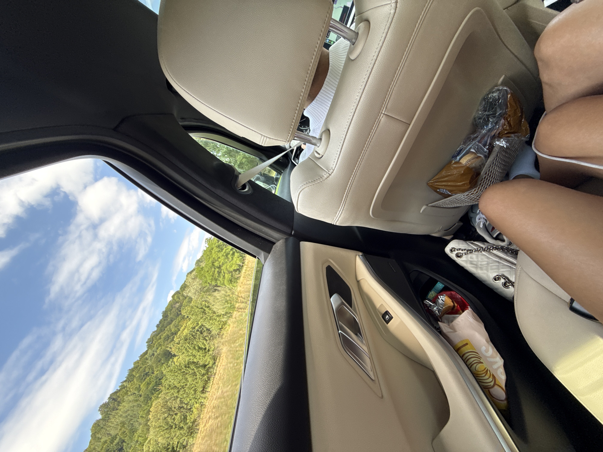 The image captures the interior of a car, viewed from the back seat, looking towards the front passenger side and out the window. The car's interior is upholstered in light-colored leather, with visible stitching detail on the seats and door panel. A person's legs are visible in the foreground, suggesting they are a passenger.
On the passenger side door panel, a silver door handle and a window control button are visible. A dark storage compartment on the door panel contains a white plastic bag with a yellow and brown circular pattern, a crumpled silver wrapper, and a white quilted handbag with a chain strap.
The back of the front passenger seat has a mesh pocket containing a brown paper bag and items wrapped in clear plastic. A seatbelt is visible extending from the top of the seat.
Through the window, a lush green hillside covered in trees is visible under a bright blue sky with wispy white clouds. The landscape appears to be rural, with a hint of a road or field in the middle ground.
The scene does not contain any specific landmarks or clues that would place it in Hârja, Romania. The description is based solely on the visual elements present in the image.