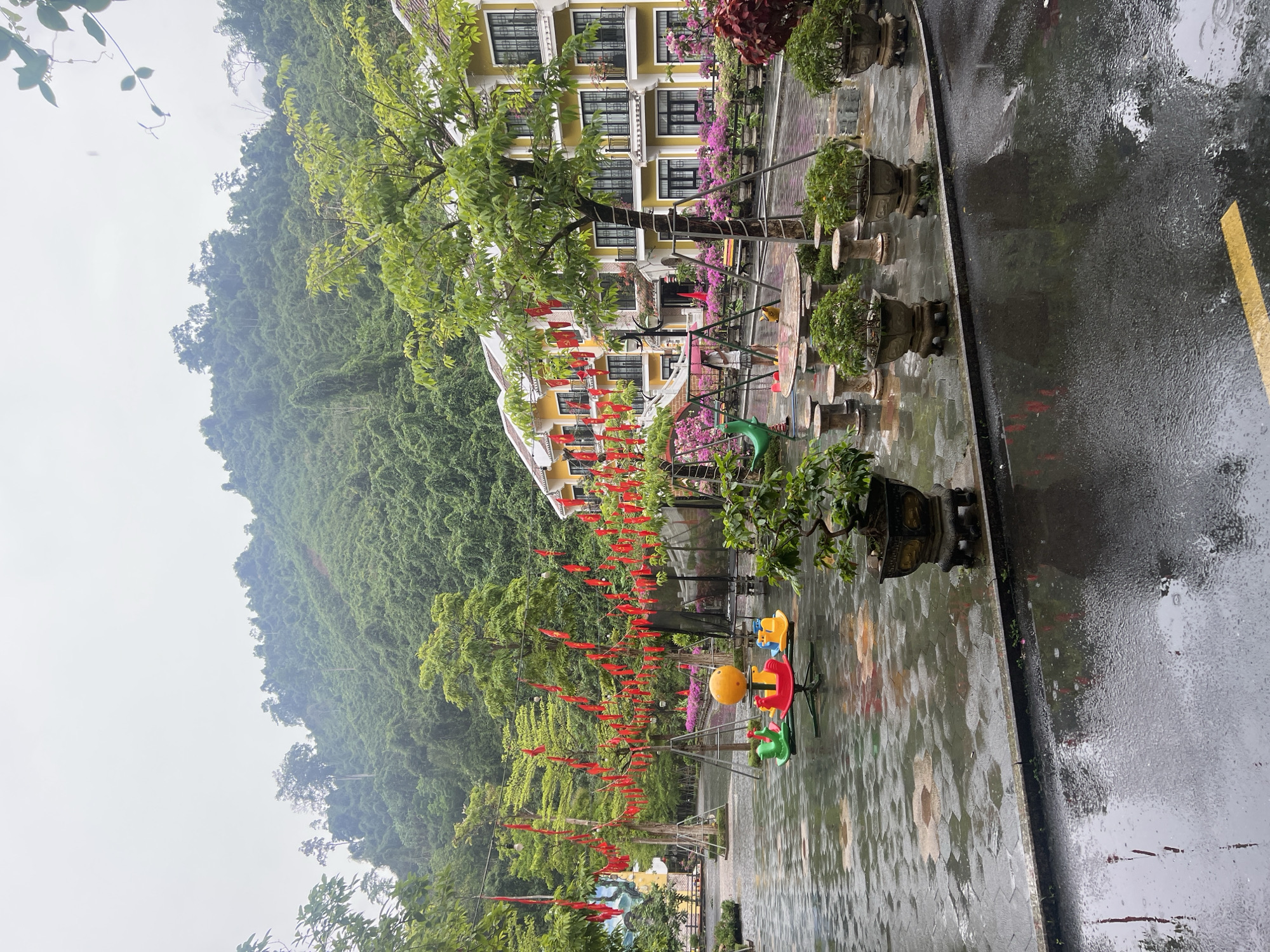 This image depicts a serene outdoor scene, likely a resort courtyard or pedestrian area, set against a backdrop of a lush, verdant mountain. The scene appears to have experienced recent rain, as evidenced by the wet pavement and road.
In the foreground, a patterned, wet tiled pavement reflects the soft, overcast light. A colorful children's carousel with red, yellow, and green components occupies this area. Several large, ornate dark grey planters holding green shrubs line the paved path. To the right, a wet asphalt road is visible, marked by a bright yellow line.
The midground features a multi-story building with a warm yellow facade, featuring numerous black-framed windows and balconies, some adorned with vibrant pink and purple flowering plants. Large trees with rich green foliage stand tall, some supported by metal frames. Strung between poles and trees are numerous small, red flags or decorative banners, adding a striking contrast to the green and yellow surroundings. A small green animal-shaped sculpture is also present near the children's play equipment.
The background is dominated by a majestic green mountain covered in dense tropical vegetation, rising dramatically under an overcast sky. A light mist or haze partially obscures the upper reaches of the mountain, further suggesting damp weather conditions.
No people are visible in the image, contributing to a tranquil and still atmosphere. The wet surfaces and misty mountain indicate recent rainfall. The presence of red flags and the tropical mountain scenery are consistent with the provided location context of Đà Nẵng, Vietnam. No discernible text is visible.