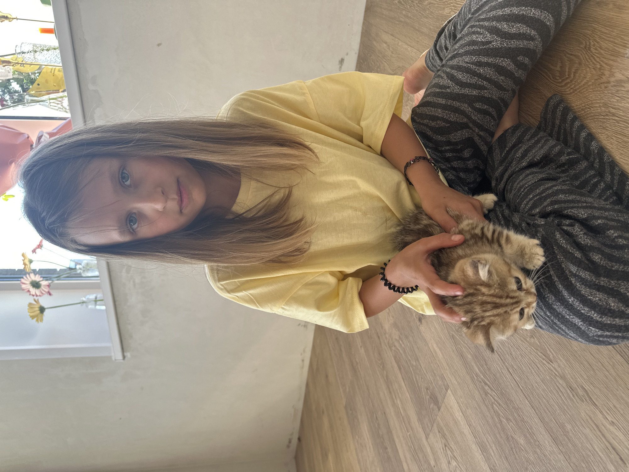 In Мокино, Russia, a young girl with long, straight brown hair and blue eyes sits on a wooden floor, holding a tabby kitten on her lap. She is wearing a yellow t-shirt and dark grey, striped pants. Her hands are gently stroking the kitten, which is looking down. In the background, a window with several flowers in vases is visible, as is a cream-colored wall.