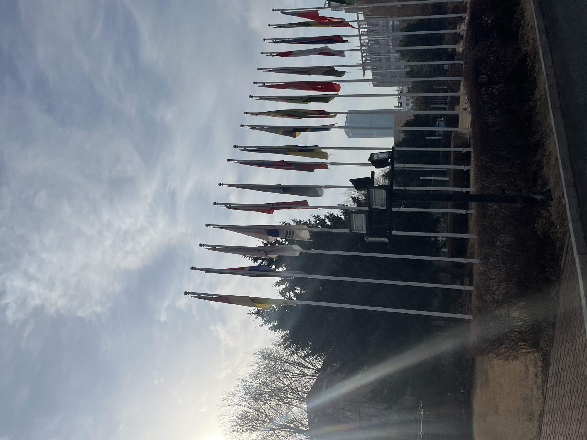 The image depicts a row of flags from various countries displayed outdoors. These flags are mounted on white poles and stand in a line. Behind the flags, there is a green hedge and trees. In the background, there are buildings. The sky is visible above the flags, with scattered clouds. The sun is shining. The setting appears to be a city environment. It appears to be the site of Jilin University. It is presumed the location is Changchun City, China.