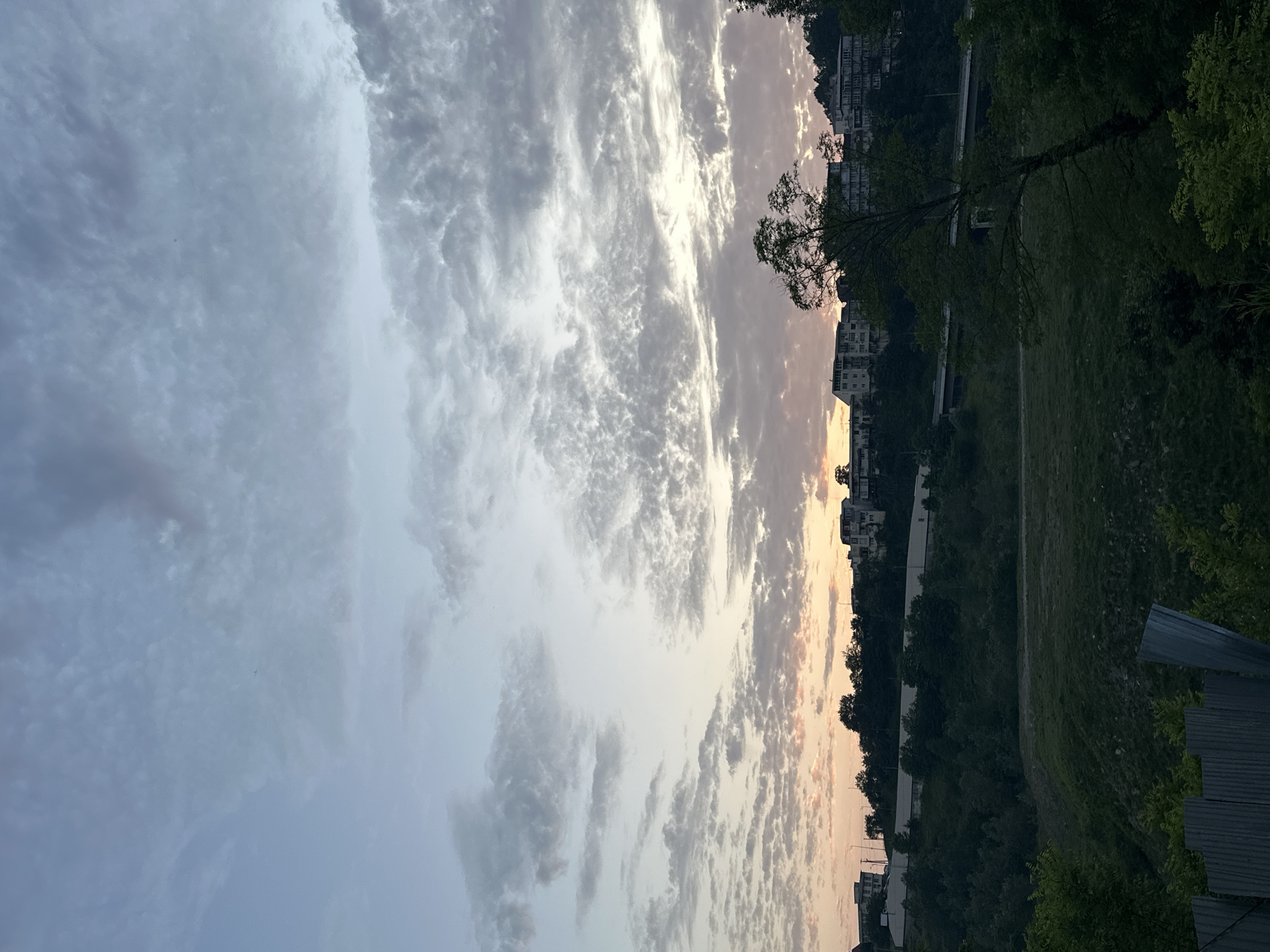This image depicts a suburban landscape, likely taken in Razdolnoye, Russia, during twilight. The sky is filled with a mixture of light blue and grey clouds, with a subtle hint of pink and orange near the horizon, suggesting either sunrise or sunset.
In the middle ground, a line of multi-story buildings is visible, nestled on a tree-covered hillside. These buildings appear to be residential apartments, with balconies and windows characteristic of apartment complexes. A road or highway, possibly an elevated section, is visible behind the buildings, with a bridge structure spanning across it.
The foreground is dominated by dark green foliage, dense trees, and a grassy slope. A section of a corrugated metal fence is visible in the bottom left corner of the image. The overall impression is one of a quiet, developing area on the outskirts of a city, bathed in the soft light of the transitional day. There are no people or animals visible in the image. The scene is static and appears to be captured from a slightly elevated vantage point, looking across a valley towards the hillside settlement.