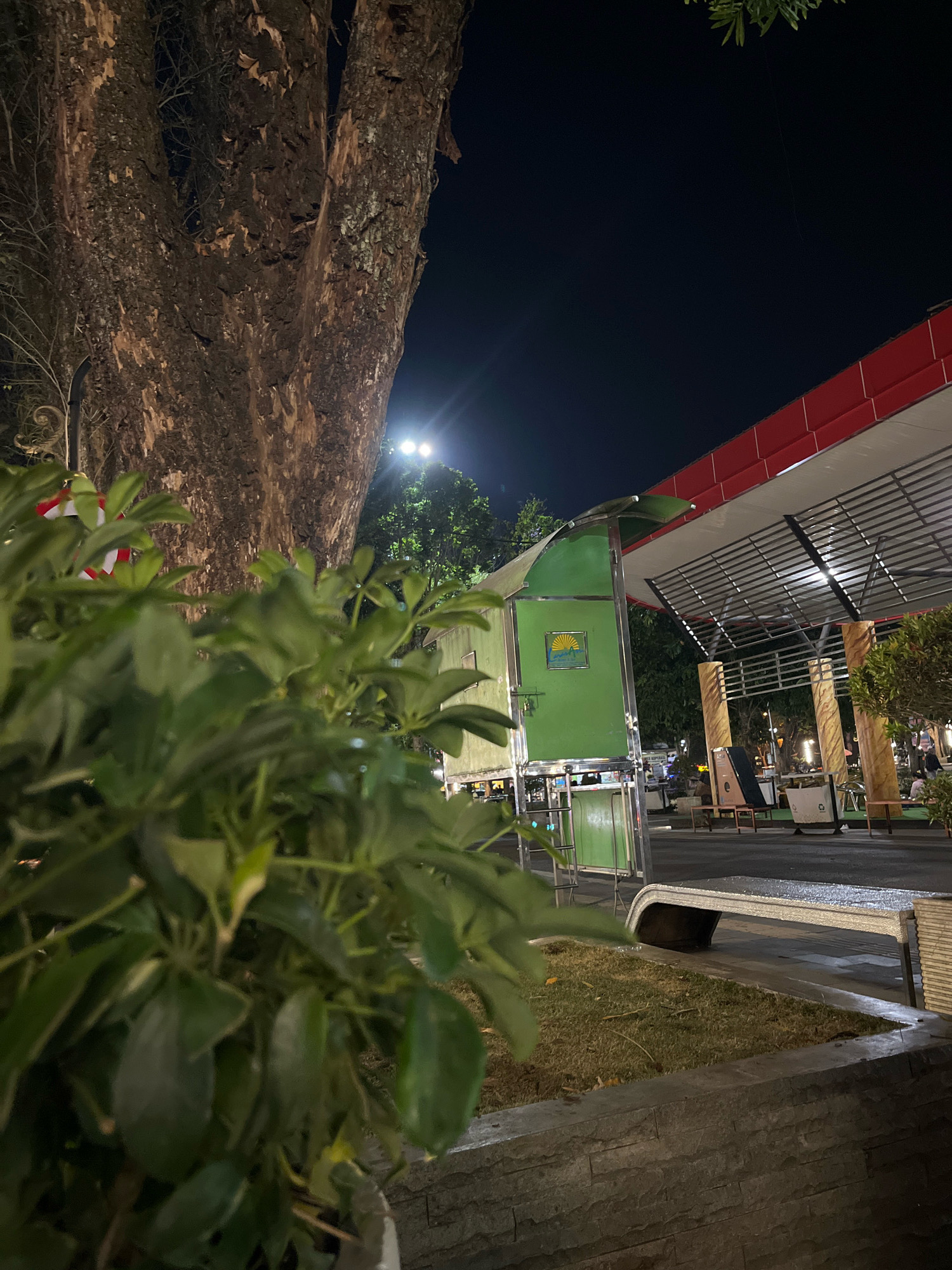 A nighttime exterior shot depicts a public space in Salatiga, Indonesia, featuring a large tree on the left, a green structure resembling a kiosk or shelter, and a covered seating area with a red trim. In the foreground, out-of-focus green foliage obscures part of the view. The ground consists of a paved walkway and a patch of grass, with a modern, curved bench in the mid-ground. The green structure has a framed picture of a sunrise on its side. Various people are visible in the background, seated at tables under the covered area. The lighting suggests artificial illumination from streetlights and the structures themselves, with the sky appearing dark and clear.