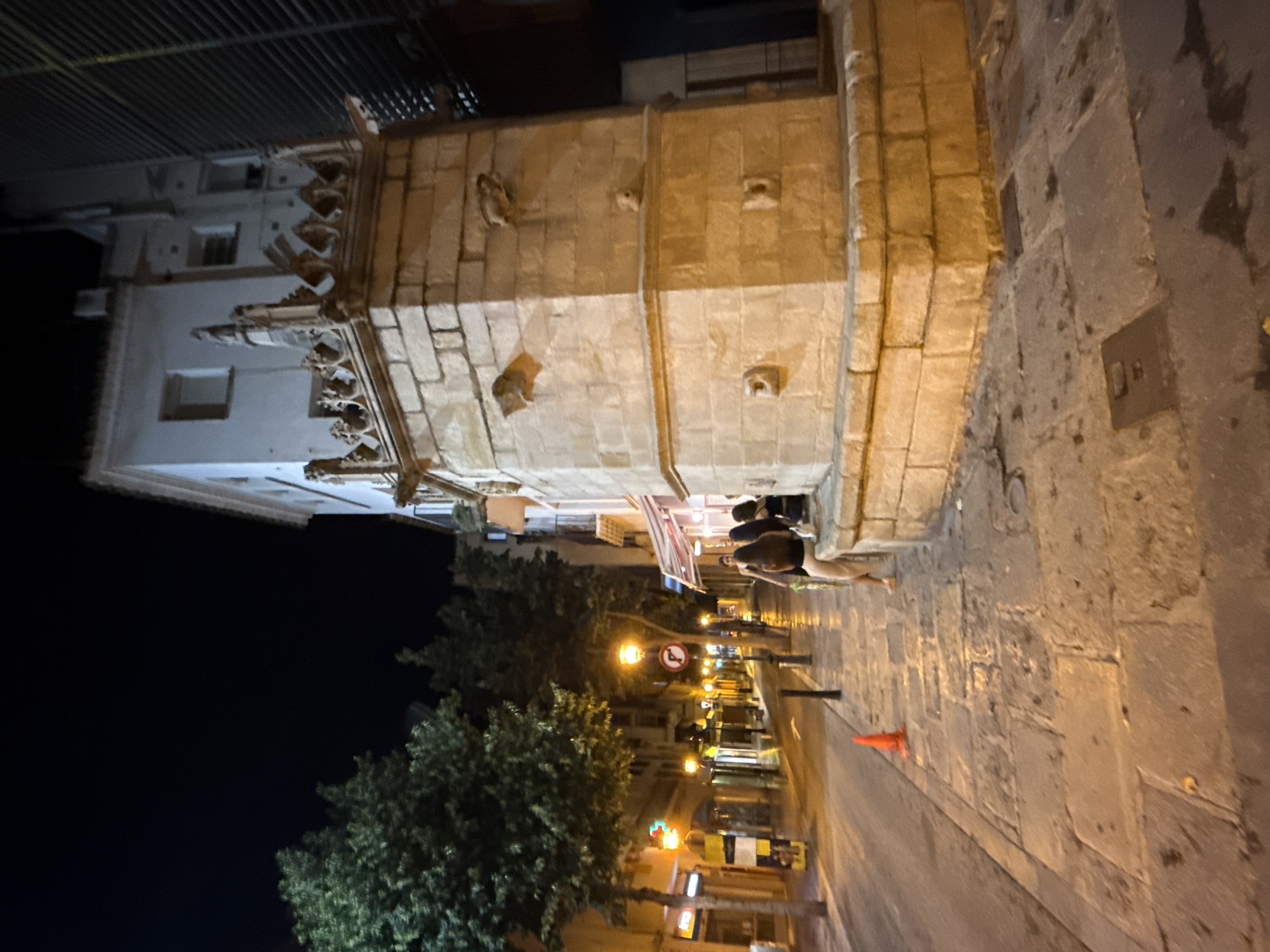 The image depicts a street scene at night in Blanes, Spain, focusing on a stone fountain structure on the right side. The fountain is made of large, light-colored stone blocks, with carved details at the top resembling a crown or crenellations. It has spouts on its sides. To the left of the fountain, a sidewalk paved with irregular flagstones runs along a street. Trees with dense foliage line the street, illuminated by streetlights, one of which is visible with a red and white sign.
Several people are present. In the foreground on the sidewalk, near the fountain, two individuals are sitting on the stone base. Further down the sidewalk, a person is walking away from the camera, wearing light-colored pants and a dark top. Another person is standing beside them.
The street itself appears wet, suggesting recent rain or cleaning, and is lined with buildings. One building behind the fountain has white walls and windows, with a modern, dark-paneled building adjacent to it on the right. On the left side of the street, there are shops with lit signs and awnings, and more trees. An orange traffic cone is placed on the sidewalk in the lower left portion of the image. The overall lighting is from street lamps and interior lights of the buildings, creating a warm, yellow-orange glow.