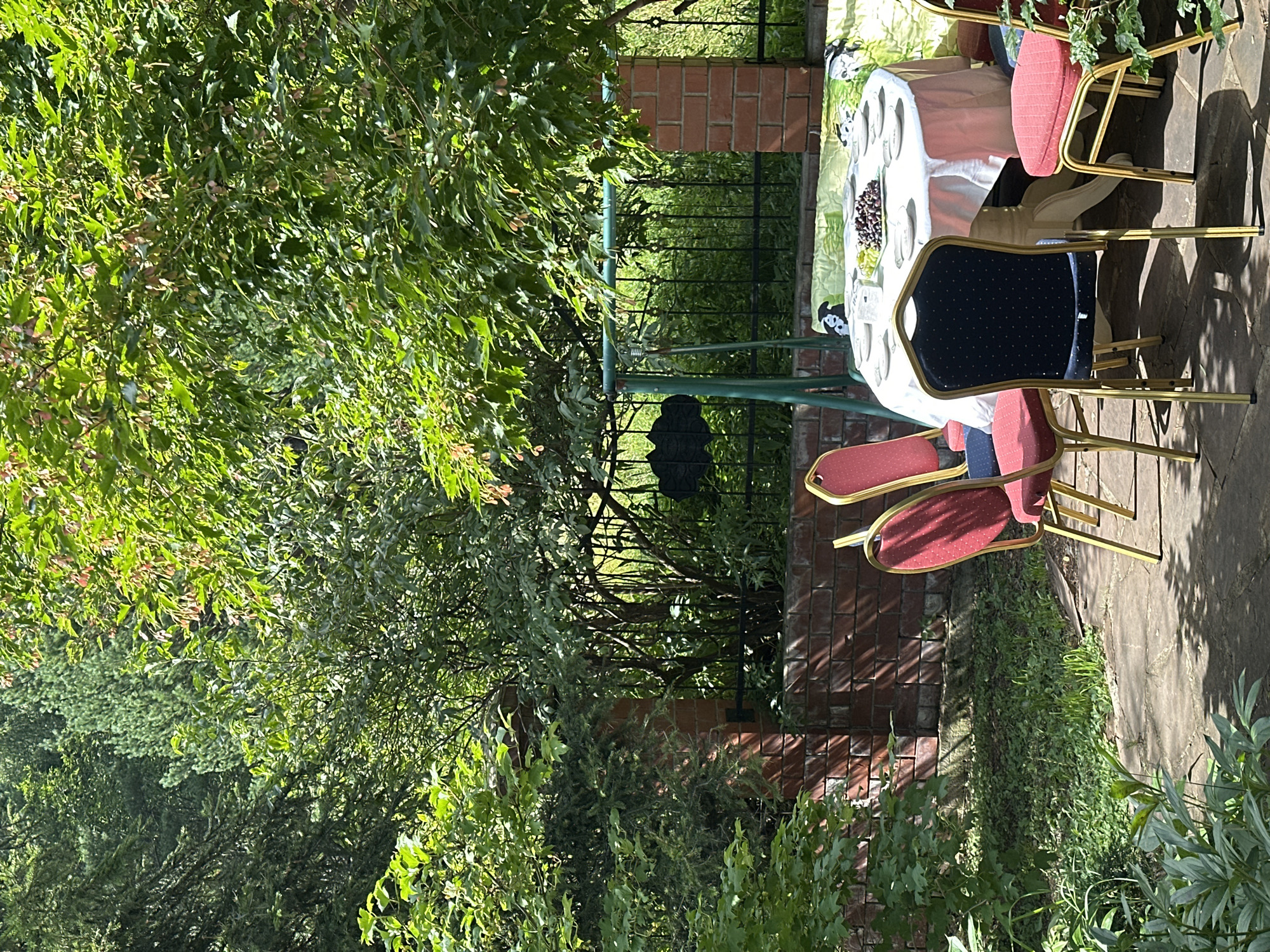This image depicts an outdoor seating area in a garden setting, likely in the city of Listvyanka, Russia. A round table covered with a white tablecloth is set with plates and a bowl of dark grapes. Several chairs surround the table, some upholstered in red with gold legs, and one in blue. A green swing set is visible behind the table. The area is surrounded by lush green trees and bushes, and a red brick wall runs along the left side of the frame. Sunlight filters through the leaves, casting shadows on the ground. The scene appears to be a tranquil spot for outdoor dining or relaxation.