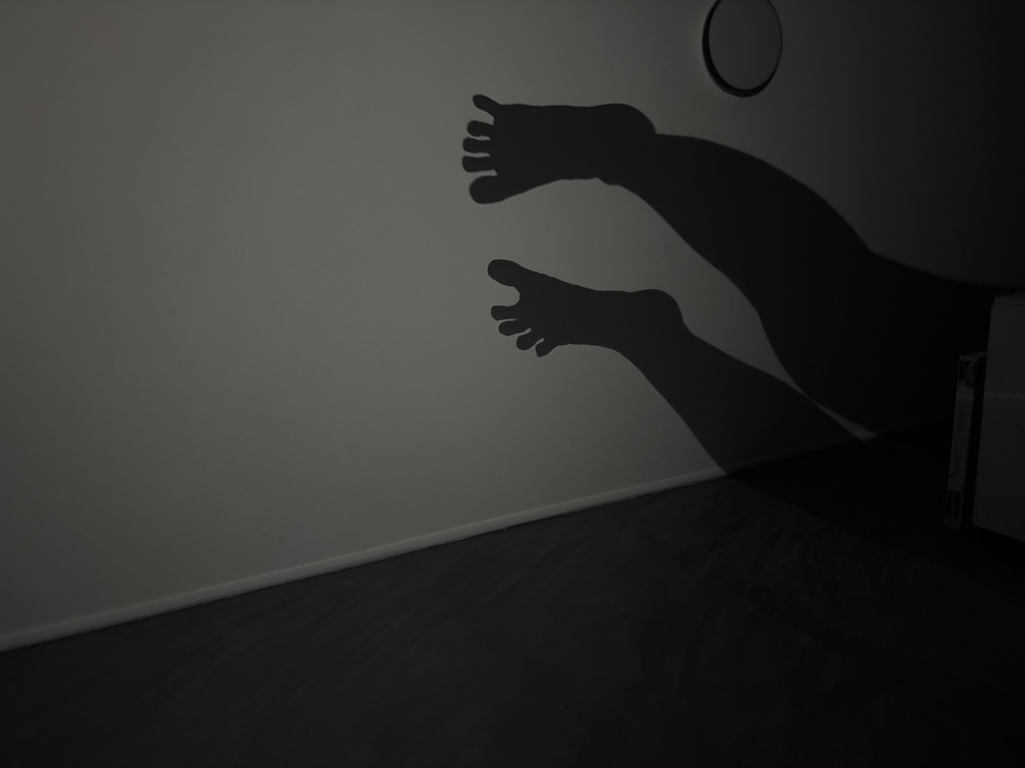 The image depicts a dimly lit interior with a light-colored wall and a dark floor. Two shadows resembling human legs and feet are cast on the wall. A circular object, possibly a mirror or a decorative piece, is mounted near the top right of the wall. A partially visible rectangular object is present in the right corner of the image. There is no evidence in the image to suggest a location in Belopoptsi, Bulgaria.