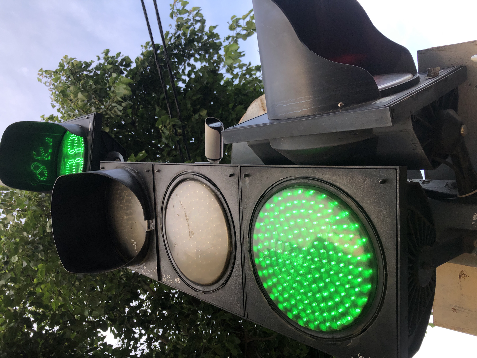 The image shows a close-up, low-angle view of a traffic light with its green signal illuminated. The traffic light is a vertical, multi-section unit made of black plastic. The uppermost section, partially visible, displays a green digital countdown timer showing "16" and some unreadable symbols. Below that, the main green signal is a large, circular lens filled with bright green LED lights. To the right of the main traffic light, a smaller unit, possibly a pedestrian signal or camera, is attached. The background consists of lush green foliage from trees and a bright blue sky with some electrical wires visible. The overall impression is of a functional traffic signal in an urban environment, possibly in Đà Nẵng, Vietnam, given the presence of tropical vegetation. The lighting is bright, suggesting daylight. There are no people or vehicles visible in the frame. The traffic light appears weathered, with some scuff marks and dirt visible on its surface.