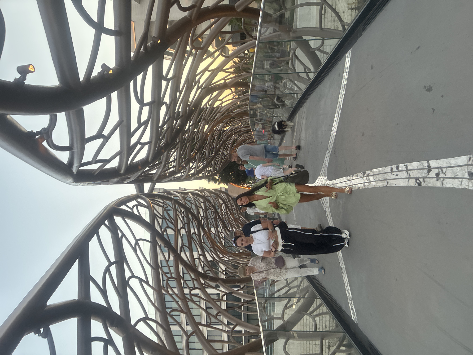 The image captures a view of the "Fairy Tale" bridge in Sochi, Russia, characterized by its unique, branching metal structure resembling tree branches. Several people are walking across the bridge. In the foreground, a woman in a light green open-front garment and shorts is walking away from the camera, her hand raised and gesturing. To her left, a woman in black pants and a white top is walking with her head turned slightly. Behind them, an older woman in a floral blouse and white pants is also walking. Further down the bridge, other individuals are visible, including a man in a grey t-shirt and blue shorts walking a dog. The bridge has a glass railing and the sky above is a pale blue, indicating it is likely late afternoon or early evening, with warm light casting a glow on the metallic structure. The architecture of the bridge is a prominent feature, with its intricate, organic design dominating the upper portion of the frame.
