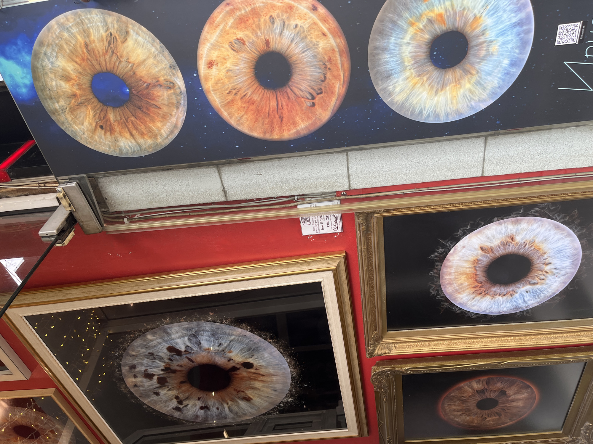 The image shows a storefront in Sofia, Bulgaria, exhibiting close-up photographs of human irises. Above, a display showcases three large iris images against a space-themed backdrop. Below, framed prints of similar iris photographs are visible. The images suggest a focus on personalized iris photography or a related service. The shop's exterior is painted red, and decorative string lights add a warm tone to the display. The overall impression is of an art gallery or specialized photography studio.