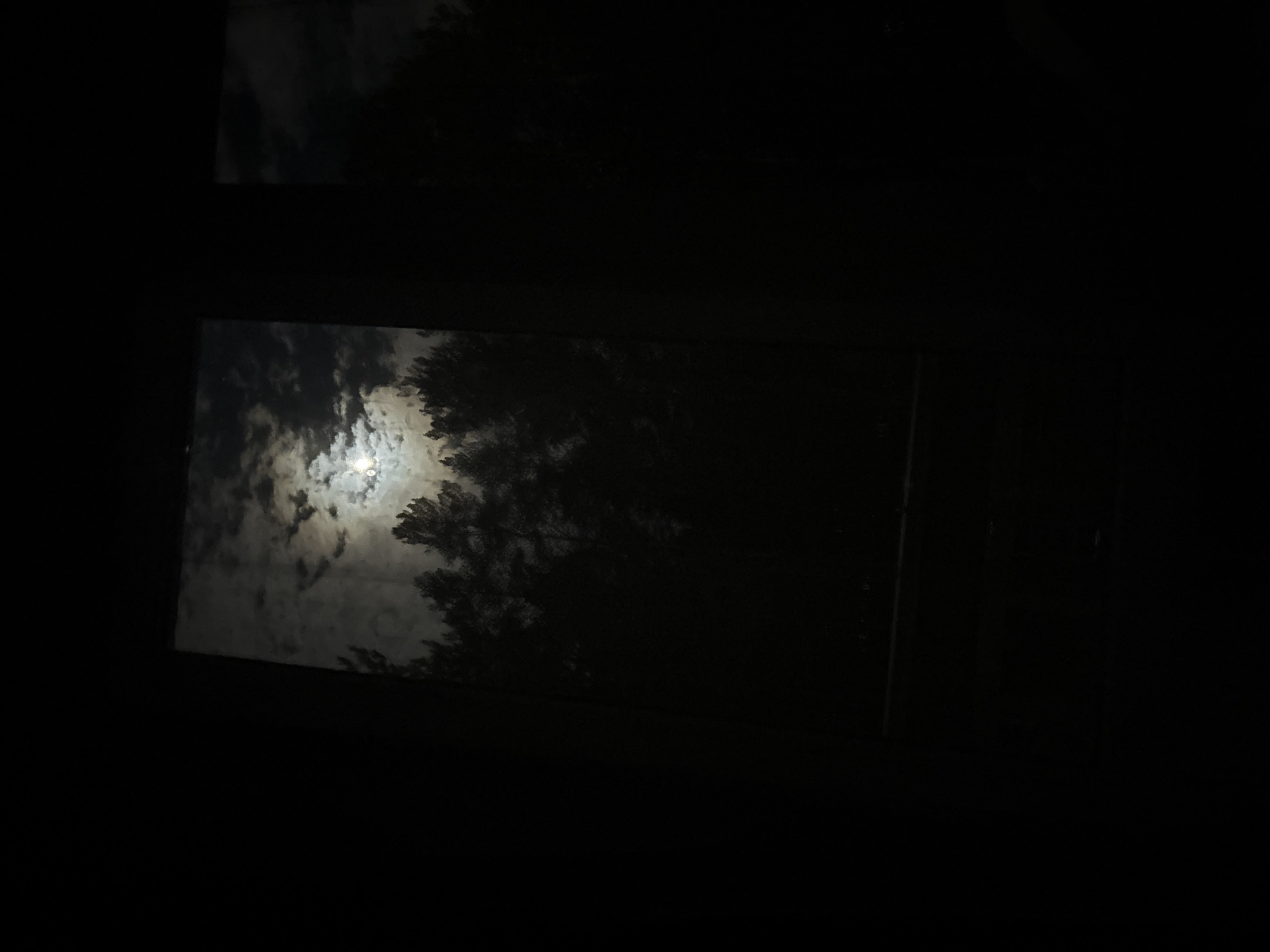 The image presents a dark, nocturnal scene, likely captured from an interior space looking out through a window. The central and most prominent feature is the moon, which glows brightly through a layer of scattered clouds. The moonlight illuminates the irregular forms of the clouds, creating a dynamic texture against the otherwise dark sky.
Silhouetted against the luminous sky are the dark, indistinct shapes of tree branches and foliage, visible predominantly on the right side of the main illuminated area. The overall composition suggests a view through a rectangular aperture, possibly a window, with a discernible division that implies two separate panes or sections looking out into the night. The lower section displays the bright moon and clouds more clearly, while the upper section shows a darker, less defined portion of the sky with faint cloud cover.
The time of day is undeniably night, evidenced by the darkness and the moon as the sole light source. The weather conditions appear partly cloudy. No human activity or specific objects are depicted within the frame, and there is no visible text. The scene offers a serene glimpse of the night sky, reflecting a quiet moment in a natural setting such as Chaikovsky, Russia.