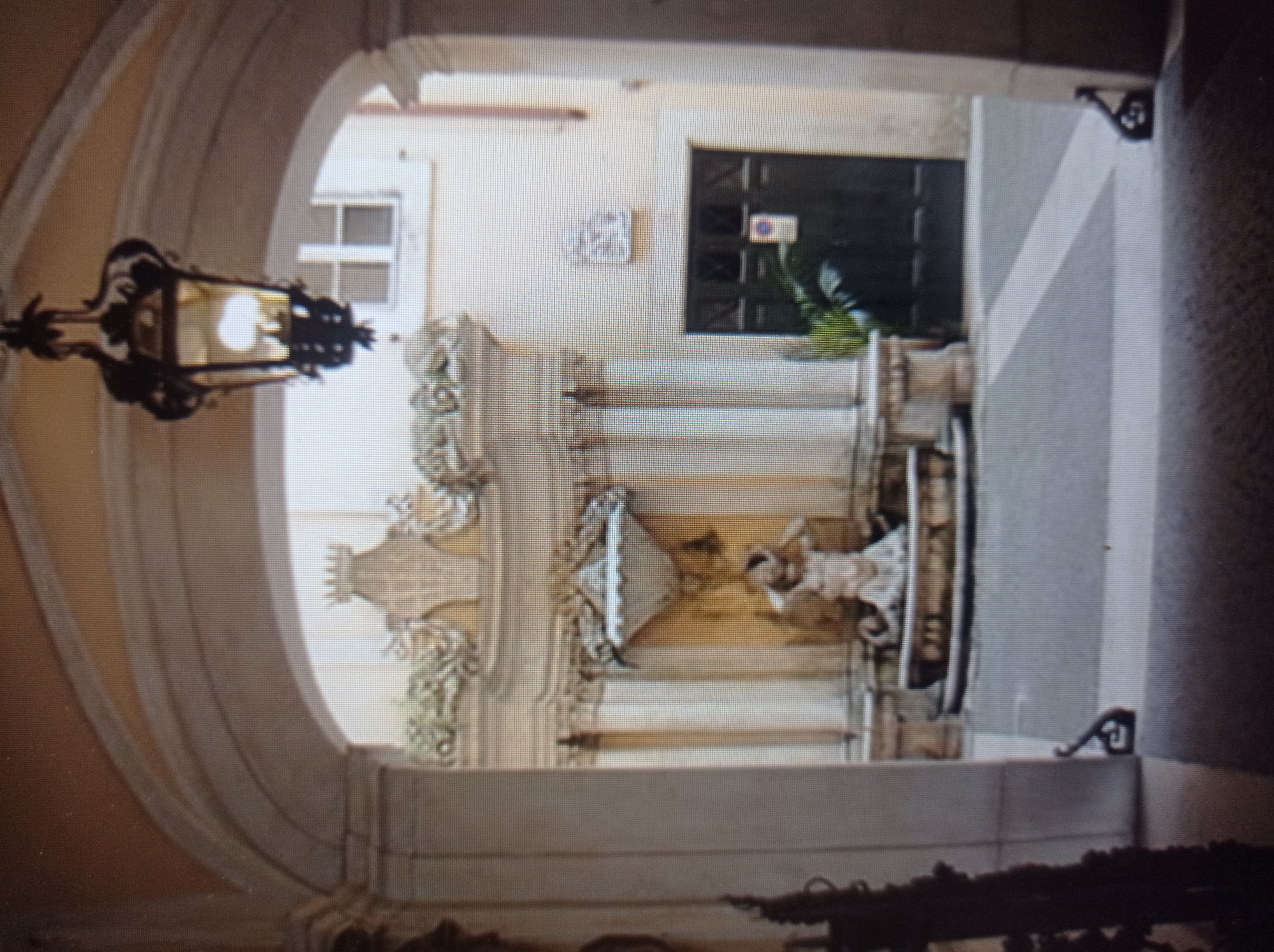 The image captures a view through a stone archway, revealing a courtyard with a fountain and a closed door. Above the archway, a decorative lantern hangs. The courtyard features a classical-style fountain with a statue of a figure. A dark green door is visible on the right side of the courtyard, with a circular parking sign mounted on it. A plant grows in front of the door. The architecture suggests an older building, possibly in a European city. The scene appears to be a quiet, unpopulated area. There is no visible indication of the city of Mukachevo, Ukraine.