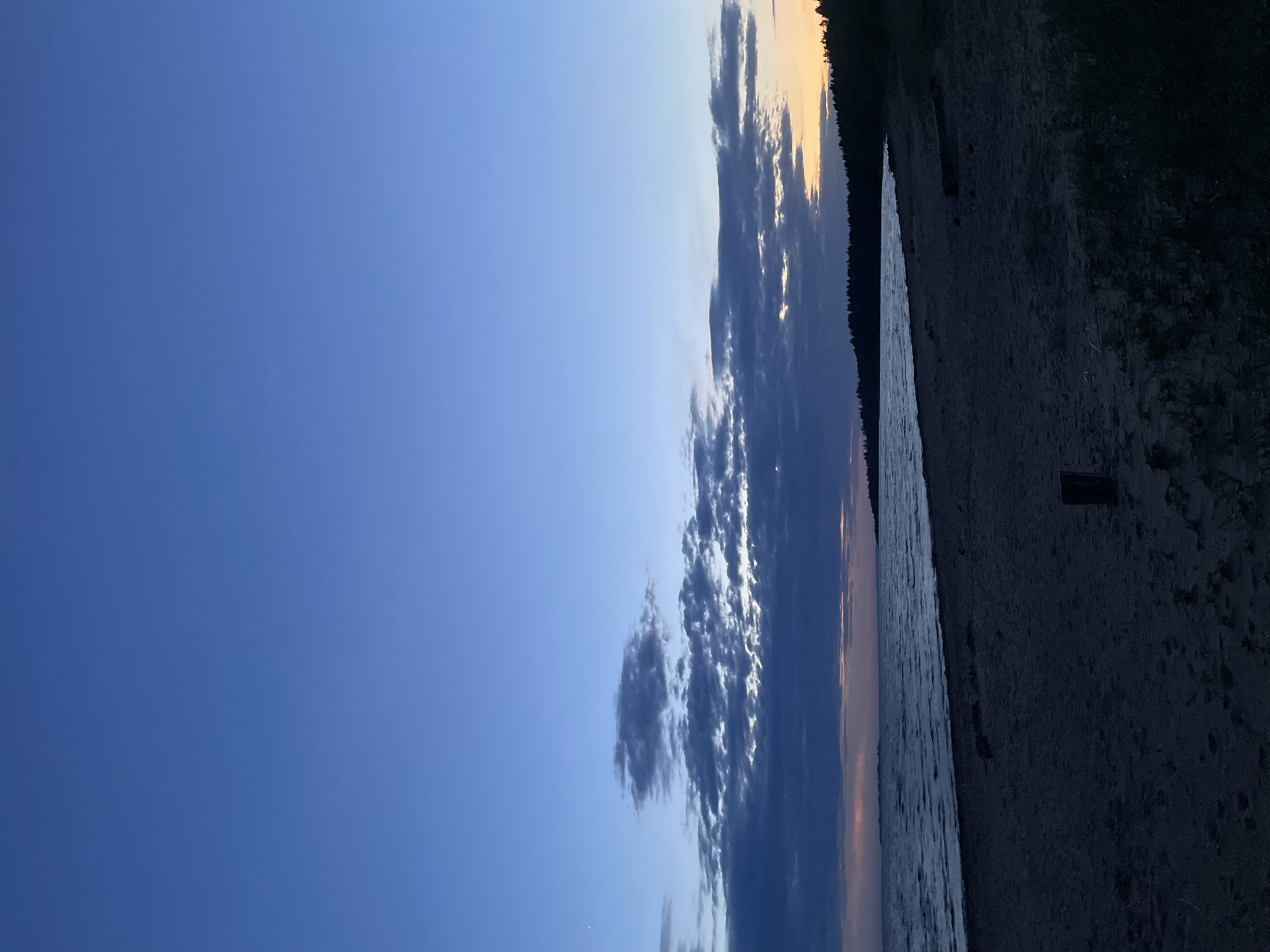 The image depicts a twilight scene along the shoreline of Sestroretsk, Russia. A body of water, likely the Gulf of Finland, stretches horizontally across the lower third of the frame. The sky dominates the upper two-thirds, transitioning from a deep blue on the left to a gradient of blue, pink, and orange near the horizon on the right. Several elongated clouds, some dark and shadowed, are oriented vertically in the center, reflecting light from the setting sun. The shoreline itself is visible on the right, composed of sand and sparse vegetation. Dark trees lining the coast are silhouetted against the fading light. A solitary object, possibly a wooden post or a similar structure, is partially visible in the sand near the shoreline. The overall impression is one of serenity and twilight.