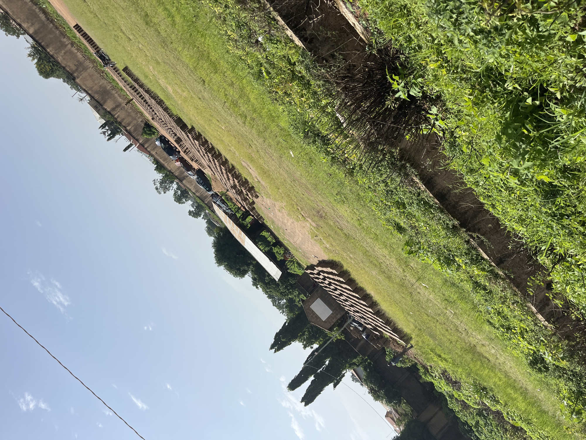 The image shows an outdoor scene in Bukuru, Nigeria, with a clear sky and a gently sloping grassy field. Several rows of what appear to be bricks or building blocks are neatly arranged on the grass, extending diagonally across the frame. In the background, a long, brown wall runs parallel to the rows of blocks, and beyond the wall, trees and buildings are visible. Several cars are parked on a dirt path adjacent to the wall. A simple, open-sided structure with a corrugated metal roof stands in the middle ground. The foreground features thick, green vegetation growing along the edge of a concrete structure, likely a drainage channel. The overall impression is that of an open-air construction or manufacturing site, possibly a brickyard.