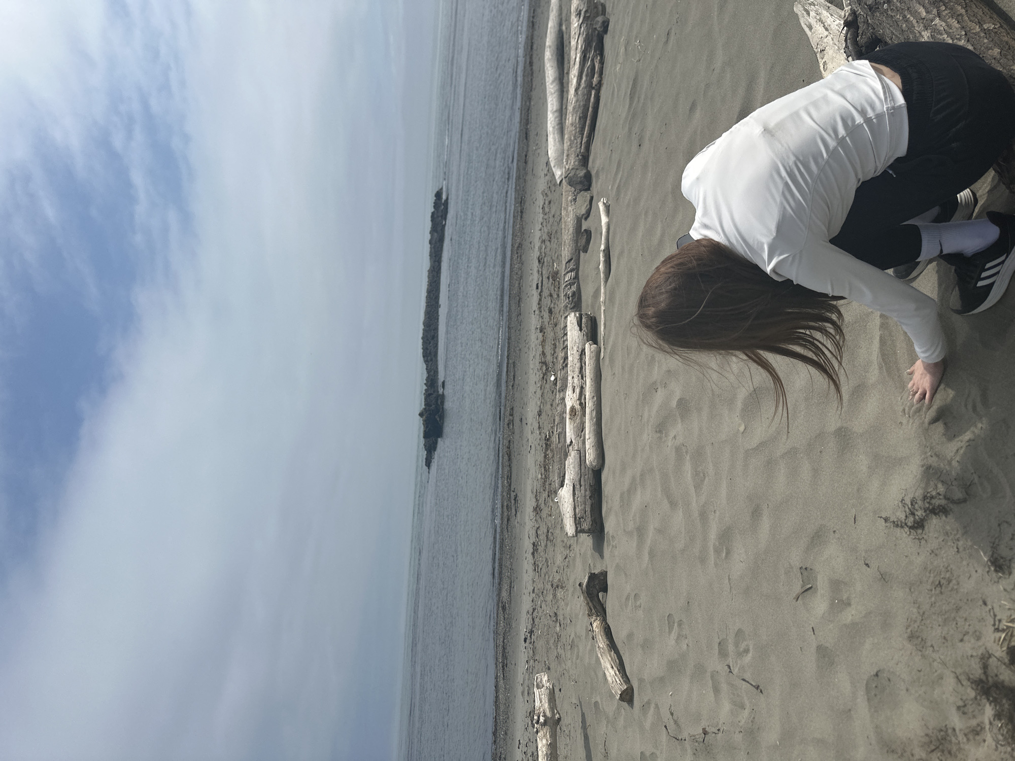A young woman with long brown hair is crouched on a sandy beach, facing away from the camera. She is wearing a white long-sleeved shirt, black pants, and black sneakers with white stripes. Her right hand is touching the sand. The beach is scattered with driftwood. In the background, the calm, gray water of the sea meets a hazy sky with scattered clouds. A rock structure is visible in the water in the distance.