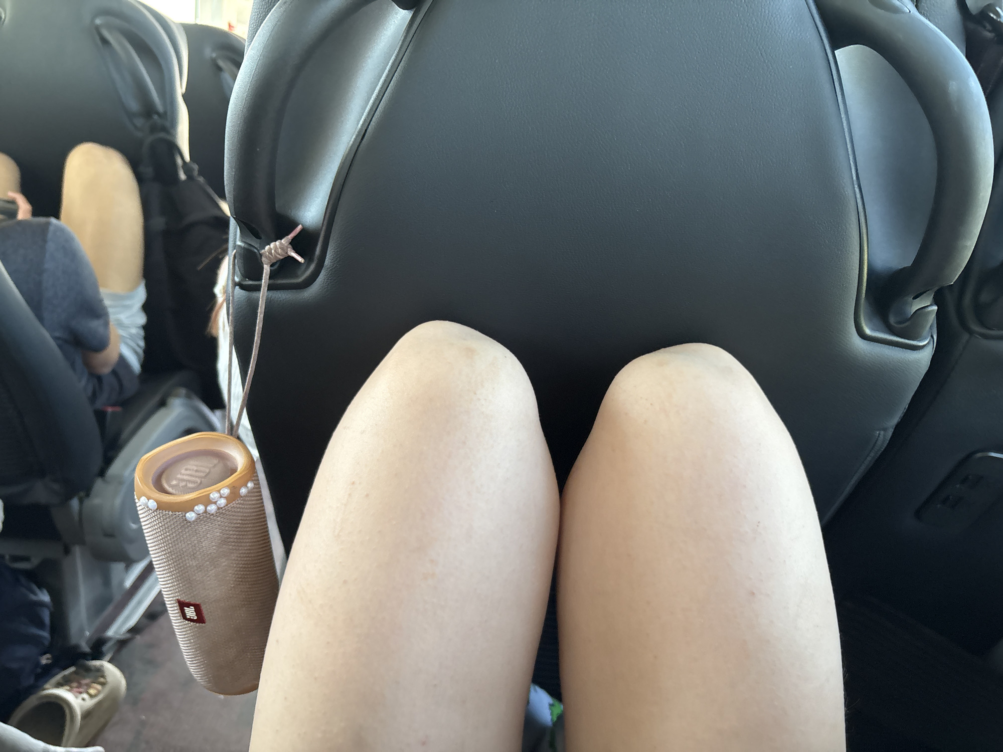 The image shows a view from a seated position on a bus or airplane. The foreground includes a pair of pale knees. Beside the knees is a cylindrical JBL speaker adorned with small, round decorations, hanging by a thin cord from the seat in front. The seat is black with visible headrests and armrests. In the background, part of another passenger can be seen.
Location: Unlikely to be identified.