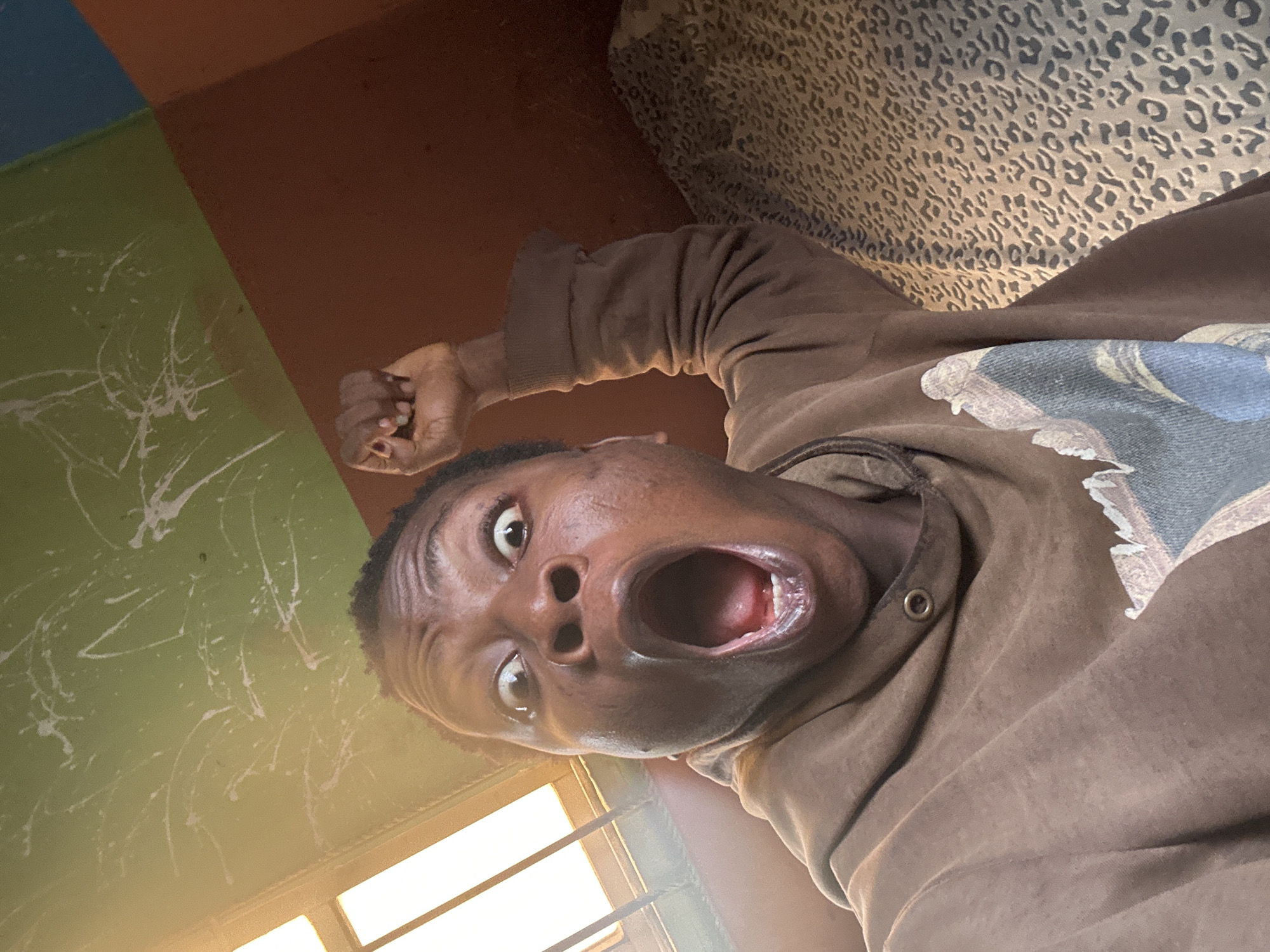 A close-up, tilted selfie shows a dark-skinned person with a wide-open mouth and clenched fist. They are wearing a brown hoodie with a design on the shoulder. Behind them, a wall is painted with green, blue, and brown sections, and splattered with white paint. A window with visible bars is at the bottom of the frame. Above the person, a bed covered in animal print bedding is visible. The location is Unknown, Unknown.
