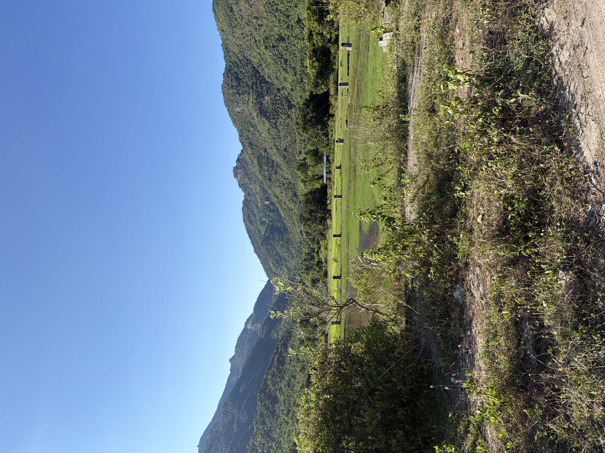 This image captures a serene landscape with rolling, verdant hills dominating the background under a clear, bright blue sky. In the foreground, a dirt path is visible, bordered by dry grass and scattered green bushes. Beyond this, a lush green field stretches out, dotted with several rectangular stone pillars, some partially submerged in a shallow body of water. A few scattered trees are present within the field, and a small, blue-roofed structure can be seen in the distance. The overall scene suggests a rural or semi-rural environment, possibly a natural park or an agricultural area. The location is identified as Cam Lam, Vietnam.