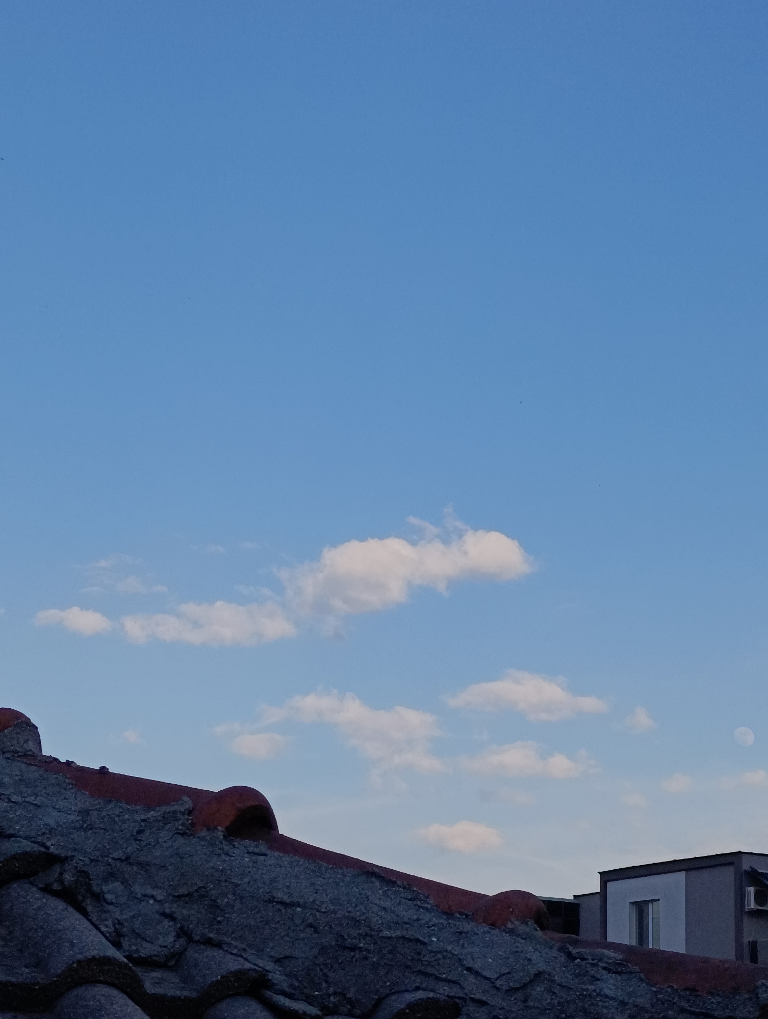 The image shows a view from a rooftop in Svilengrad, Bulgaria. The foreground consists of a weathered tile roof with red and grey tones. The midground features a few scattered white clouds in a light blue sky. In the background is a multi-story building with at least one visible window and an air conditioning unit attached to the exterior wall. A pale moon is visible in the sky next to the building. Two small dots which can be interpreted as birds are visible. The location is residential.