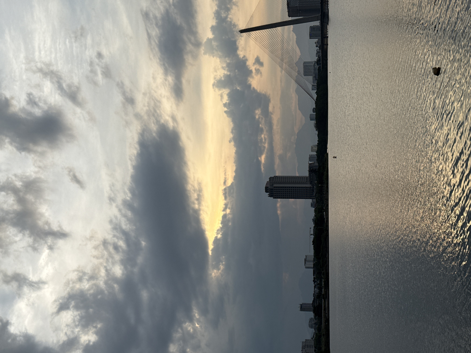 This media file captures a scenic view of a river with a city skyline in the background, likely during sunset or sunrise. The image is oriented vertically, with the water occupying the right half of the frame and the sky on the left.
The sky is filled with a dramatic display of clouds. Dark, heavy clouds dominate the left side, while the right side of the sky is illuminated by a warm, golden light, suggesting the sun is low on the horizon. Wispy white clouds are scattered throughout, adding texture and depth.
The water's surface is rippled, reflecting the colors of the sky and creating shimmering patterns. A small, dark object, possibly a piece of debris or a small buoy, floats on the water towards the right side of the frame.
The city skyline is visible along the left bank of the river, characterized by several tall buildings and high-rise apartments. In the background, a large cable-stayed bridge stretches across the frame, its cables fanning out from a tall pylon. The presence of the bridge and the architectural style of the buildings suggest an urban setting. Trees and vegetation form a dark band along the riverbank between the water and the buildings.
The overall mood of the image is tranquil and evocative, with the contrasting elements of the dark clouds and the golden light creating a sense of atmospheric beauty. The time of day is clearly indicated by the dramatic lighting. The location context provided, Đà Nẵng, Vietnam, aligns with the presence of a major river and a modern bridge structure. No visible text is present in the image.