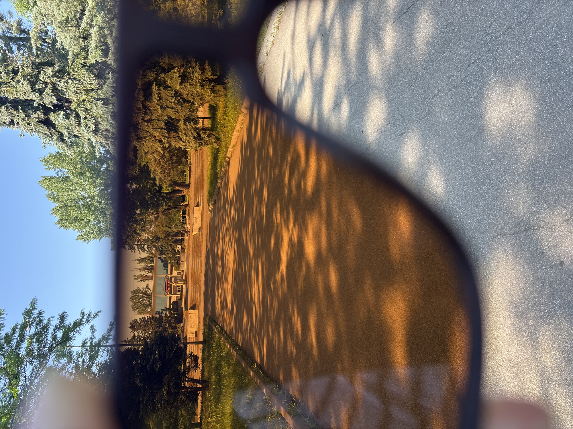 The image shows a view through tinted glasses, with the top portion tinted orange and the bottom portion clear. In the background, a building with large windows and an entrance with stairs is visible, surrounded by trees and greenery under a clear blue sky. The foreground features a paved path with shadows of trees cast across it. The scene appears to be an outdoor public space, possibly a park or plaza, with a pathway leading towards a building. The lighting suggests it is daytime, with sunlight filtering through the trees.