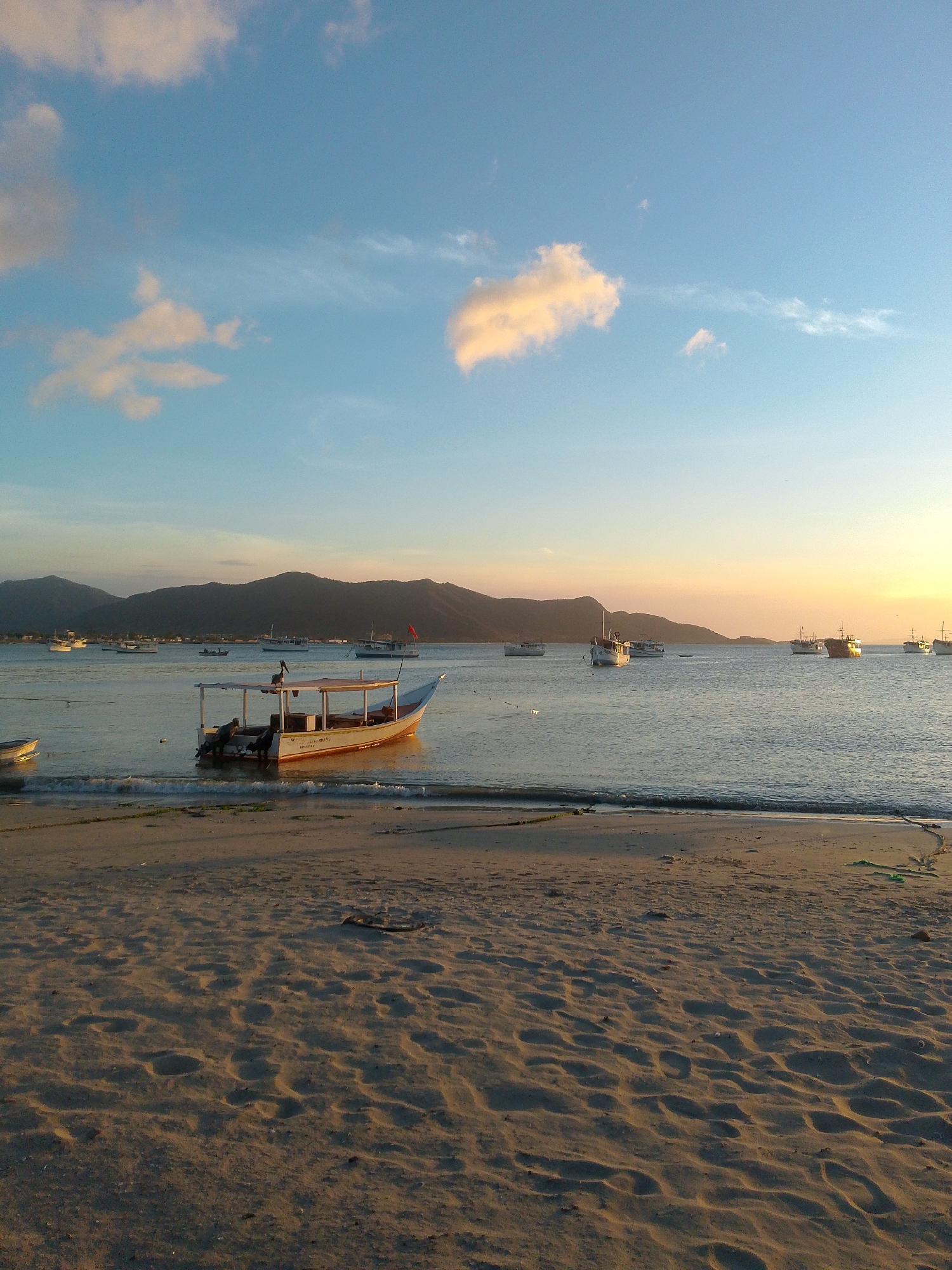 The image displays a coastal landscape in Juan Griego, Venezuela, at dusk or dawn. The foreground consists of tan sandy beach exhibiting numerous footprints and minimal organic debris. Small waves with white foam crests approach the shore, showing a distinct waterline. In the shallow water, a white and brown wooden fishing boat, equipped with two outboard motors and a flat canopy roof, is partially beached. A red flag is mounted on a pole near the bow of this boat, and a dark-feathered bird, identified as a pelican, is perched on its canopy. Approximately 10-15 additional boats of varying sizes are anchored or floating in the calm, dark blue-grey bay, extending towards the mid-ground. A dark, undulating mountain range forms the distant horizon, silhouetted against the sky. The sky transitions from a clear light blue at the zenith to a warm orange-yellow gradient on the right horizon, indicative of a low sun. Scattered white and light orange cumulus clouds are present. No people are visible.