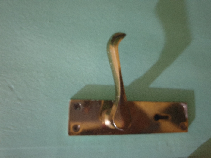A polished brass door handle is mounted on a light-green wall. The handle is a curved, swan-like shape attached to a rectangular plate. The plate has screw holes at each corner and a keyhole towards the center. The handle and plate cast a prominent shadow on the wall behind. The wall appears to have a slightly textured surface.