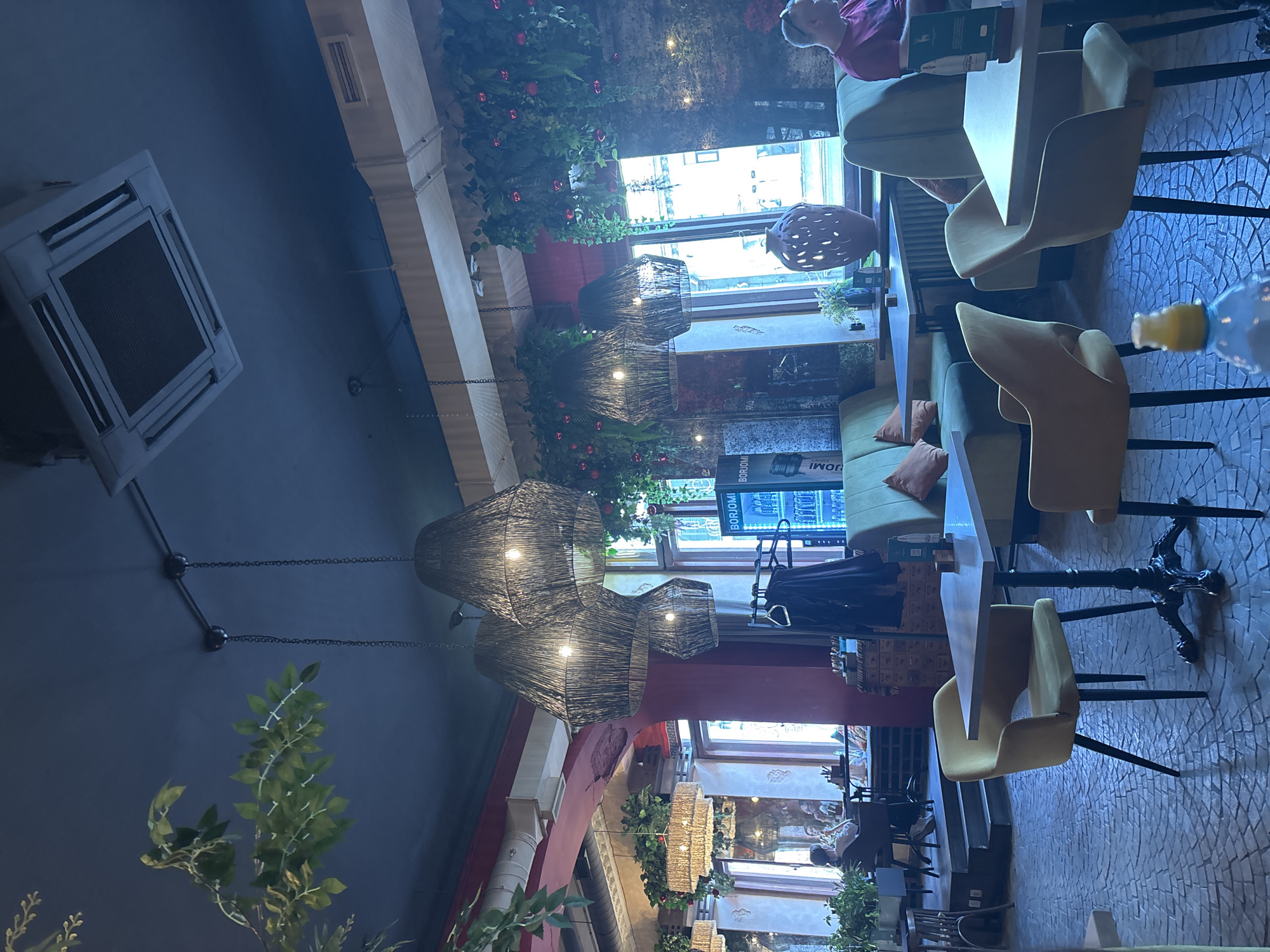 The image depicts the interior of a cafe or restaurant during daytime, likely located in an urban area. Due to the lack of specific identifying landmarks or signs, the precise location within Saint Petersburg, Russia, cannot be determined from the provided visual information.
The scene is characterized by a blend of rustic, industrial, and natural design elements. The ceiling is a dark grey, featuring an exposed square cassette air conditioning unit and black metallic conduits from which several large, dark, woven-basket-style pendant lamps hang at varying heights. These lamps emit a warm, artificial light. Artificial green foliage, resembling vines and branches, is extensively integrated into the decor, hanging from the ceiling and adorning sections of the walls. On the right side, the foliage is intermingled with small, red, spherical ornaments.
The walls exhibit varied finishes, including sections painted a deep red/maroon, and others with a textured, dark, possibly stone or brick, surface. Large windows line the periphery, revealing brightly lit exterior buildings and suggesting a street view.
Seating arrangements include olive-green upholstered booths or sofas with accent pillows (orange/ochre) and individual tables paired with mustard-yellow velvet chairs that have black legs and dark metal bases. In the left background, an elevated section of the floor features additional seating with dark wooden chairs and tables. The floor throughout the main area is a patterned, dark-toned tile, resembling cobblestone.
At least three individuals are present. In the left background, on the elevated section, one person with dark hair, wearing a light-colored top, is seated at a table, looking towards the right. Another person is partially visible behind them. In the right midground, a male with short hair and sunglasses resting on his head, wearing a reddish-pink t-shirt, is seated at an olive-green booth, looking towards the left.
Notable objects include a tall, reddish-brown decorative vase with cutouts on a windowsill in the right midground. A dark jacket hangs on a simple clothing rack near the center-right. A prominent "BORJOMI" branded refrigerator or display unit, stocked with bottled water, is visible in the midground. In the immediate foreground, out of focus, is the top portion of a clear plastic bottle with a yellow cap.