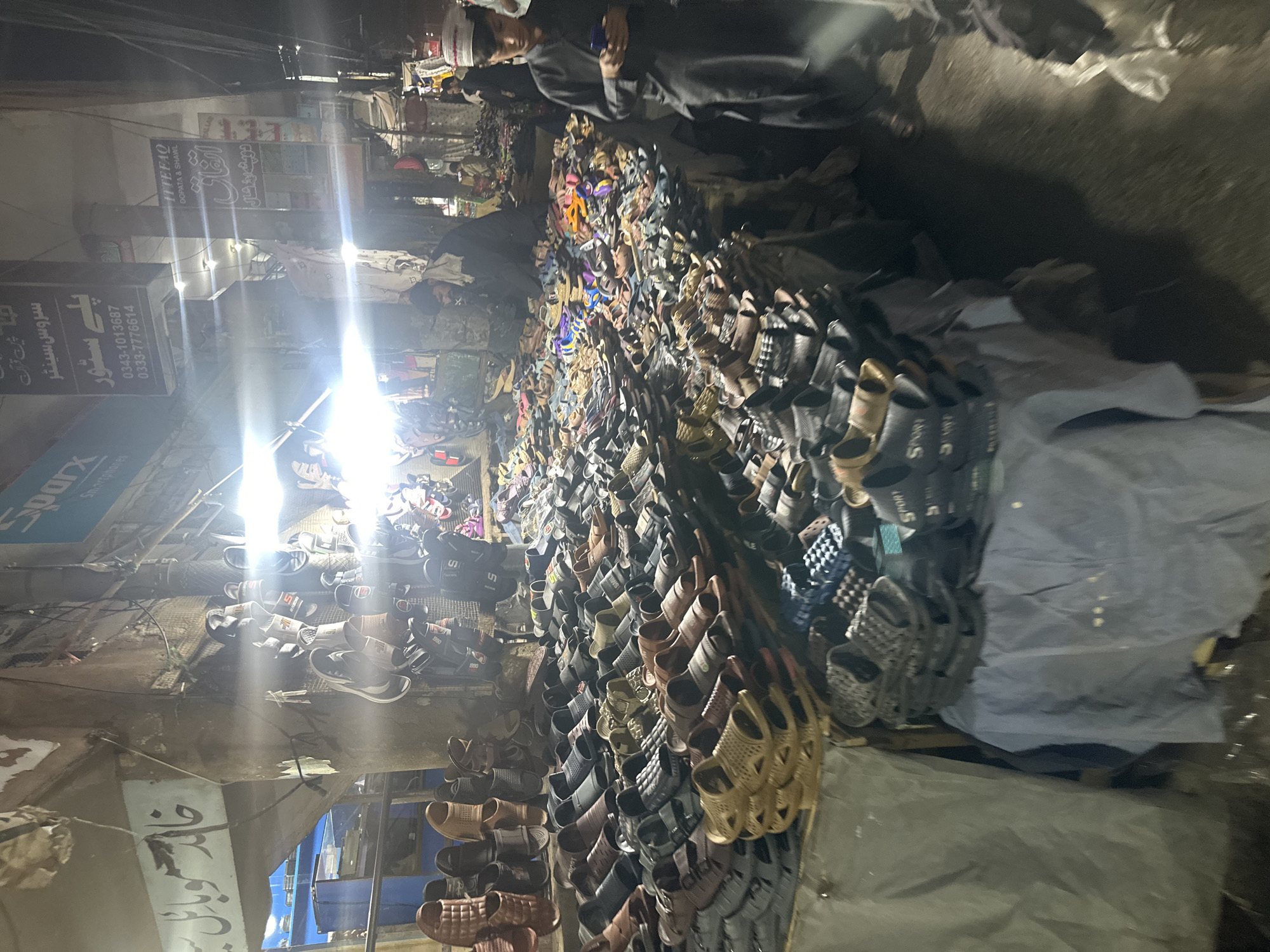 The image depicts a crowded outdoor market stall in Quetta City Tehsil, Pakistan, likely specializing in footwear. Numerous pairs of sandals and flip-flops are displayed on tables and the ground, arranged in a dense, somewhat disorganized manner. The stall appears to be lit by artificial lights, creating strong highlights and shadows. Several individuals are visible within the scene: a man wearing a dark garment and a cap is partially obscured by the merchandise, seemingly interacting with it. Further in the background, other figures, including a young person in traditional clothing, can be seen moving through the market. Signage in Urdu is present on the overhead structures, indicating the presence of businesses within the market. The overall impression is one of a vibrant and bustling commercial area.
