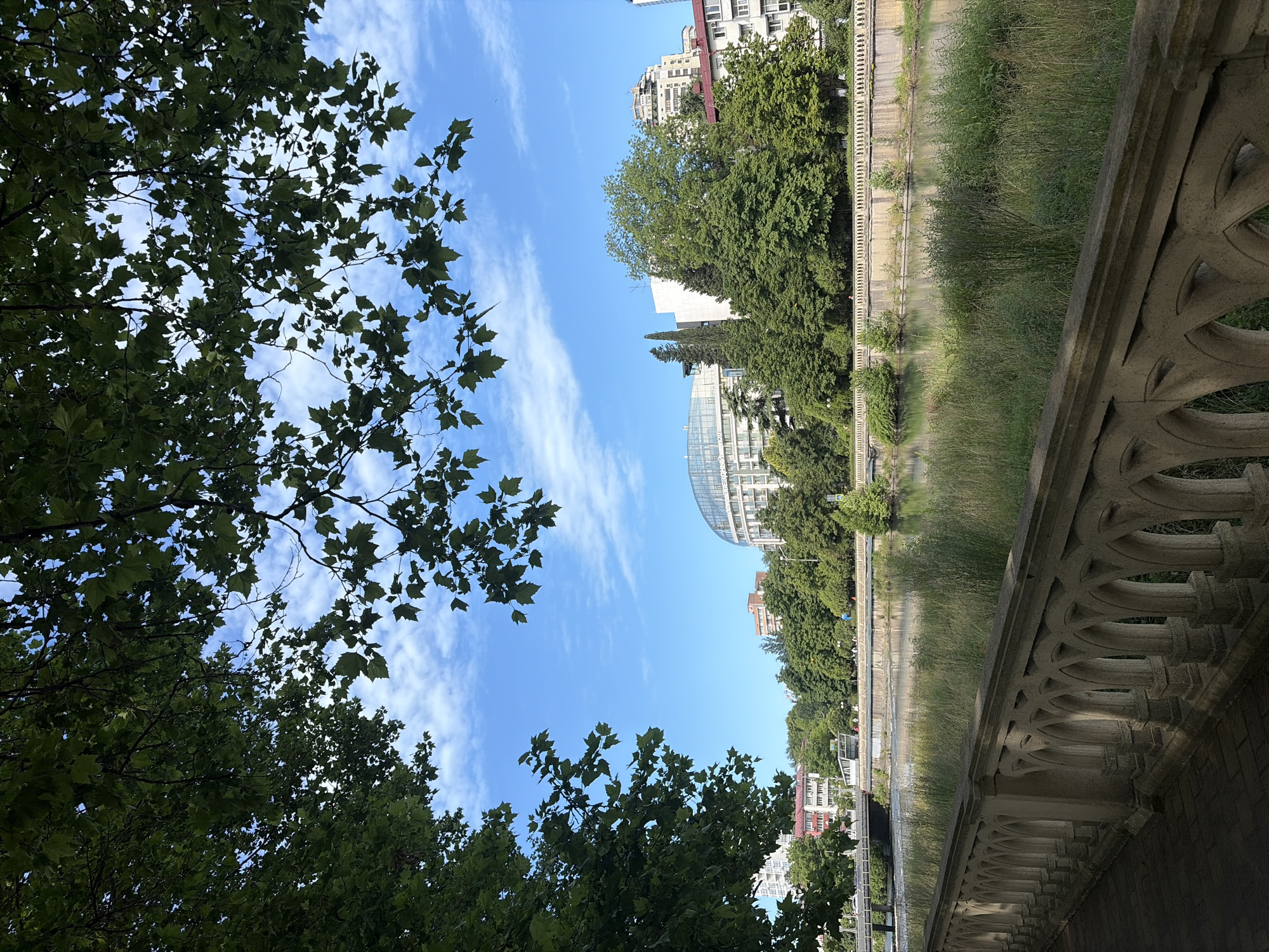 This media file depicts an outdoor scene looking upwards towards a blue sky with scattered wispy clouds. In the foreground, the lush green foliage of trees frames the view from the left side. Beyond the trees, a city skyline emerges with several multi-story buildings, some appearing to be residential or commercial structures. One building stands out with a curved, glass-domed roof.
To the right of the frame, a stone balustrade with intricate, decorative cutouts runs along the edge of what appears to be a bridge or elevated walkway. Below this structure, a body of water, possibly a river or canal, is visible, with overgrown green vegetation lining its banks. The water's surface reflects the surroundings and appears calm.
The overall impression is a bright, clear day, likely late morning or early afternoon, given the sunlight casting shadows. The scene combines natural elements with urban architecture. There is no visible text or indication of people or specific activities. The location context is Sochi, Russia, which suggests a possibility of being near the coast or a city waterway.