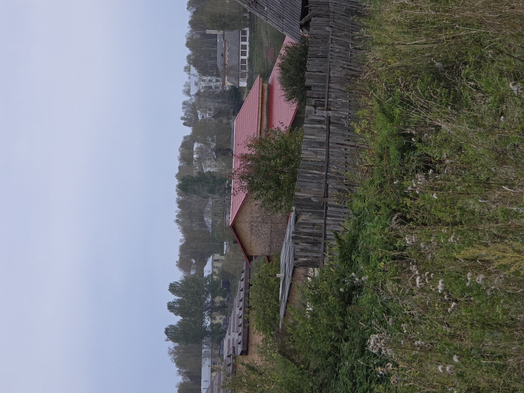 The image depicts a rural or semi-rural residential area, likely in the city of Magnitka, Russia, characterized by a collection of houses and surrounding vegetation. The sky is overcast and pale, suggesting a cloudy day. In the foreground, a rustic wooden fence runs horizontally across the frame, partially obscured by tall, dry grasses and leafy green plants. Behind the fence, several buildings are visible. One prominent structure features a bright red, gabled roof and wooden siding. To the left, another building with a darker, corrugated roof is partially visible. Further in the background, a cluster of taller, multi-story buildings with light-colored facades suggest a more developed part of the settlement. These buildings are interspersed with deciduous trees, most of which appear to be bare of leaves, indicating an autumn or early spring setting. The overall impression is of a quiet, somewhat weathered residential landscape. There are no people or animals visible in the image, and no obvious signs of activity.