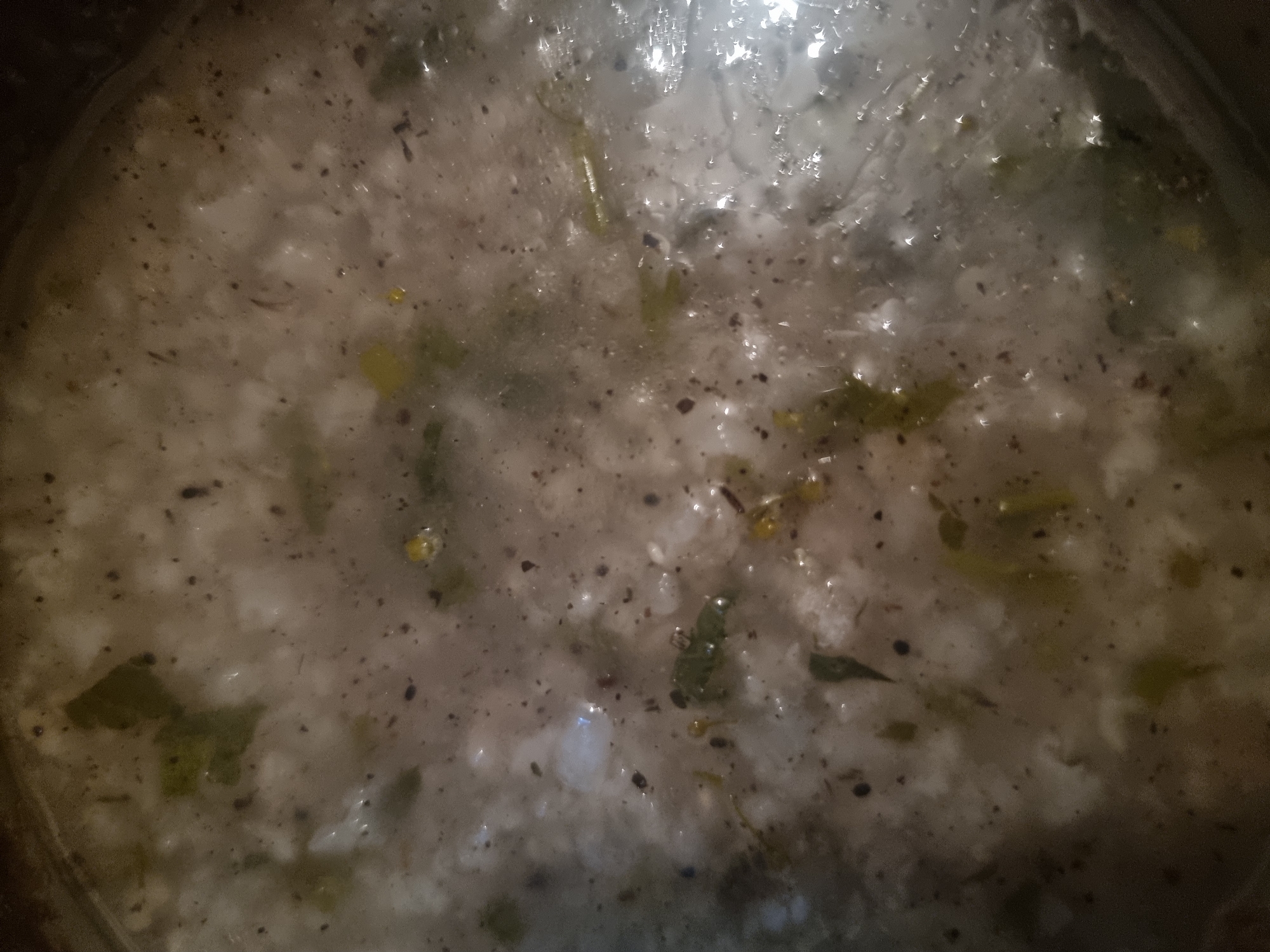 The image shows a close-up of a pot containing a watery, grey-toned substance, possibly a soup or porridge. Visible within the liquid are small, dark particles, along with some green, leafy pieces. The interior surface of the pot appears smooth. No specific location or individuals are identifiable from the image.