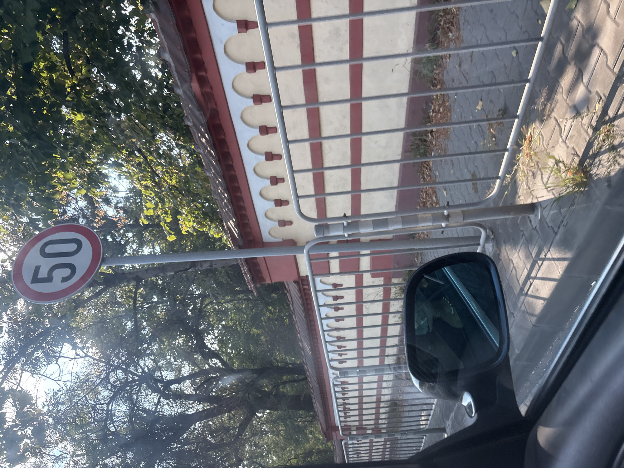 A circular speed limit sign with the number "50" is visible on a metal pole, with trees and a building in the background. The sign is red and white. The building has a red and white decorative pattern along the top. A metal fence runs horizontally across the foreground. The image appears to be taken from inside a vehicle, with a side-view mirror reflecting part of the interior. The ground is paved with interlocking stones. This image is located on Knyaz Boris I Boulevard in Sofia, Bulgaria, in front of the former Royal Palace.