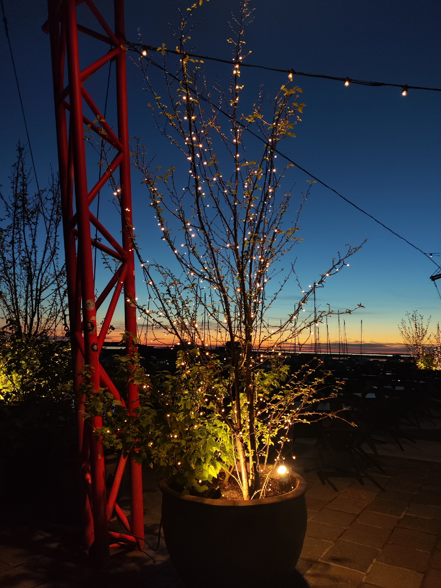 The image depicts an outdoor evening scene, likely a waterfront or harbor area, at dusk. A large potted tree, adorned with numerous small, warm-toned fairy lights, stands prominently in the foreground. To the left, a tall, red metal truss structure is visible. In the background, the sky transitions from a deep blue to hues of orange and yellow near the horizon, suggesting the setting sun. Silhouettes of masts from sailboats are scattered across the water. Several empty chairs and tables are arranged on a paved patio. The overall ambiance is serene and illuminated by the fairy lights and ambient twilight. The location is identified as Tallinn, Estonia.