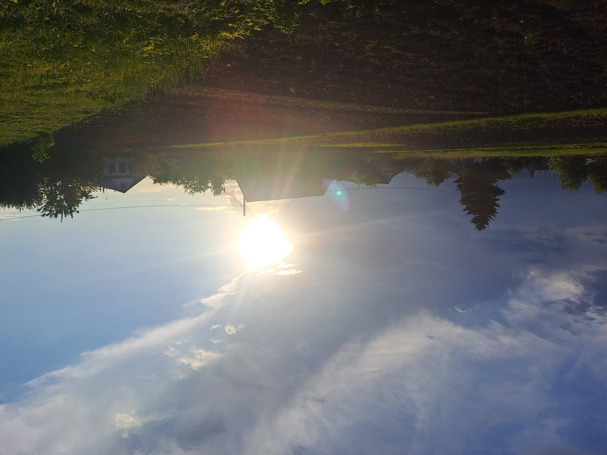 The image displays an outdoor landscape scene, appearing to be correctly oriented when rotated 90 degrees counter-clockwise. The top half is dominated by a bright blue sky with scattered white and grey clouds. A brilliant, almost overexposed sun shines prominently in the upper right quadrant of the sky, casting a strong lens flare.
The bottom half of the image features a calm body of water, likely a lake or pond, acting as a near-perfect mirror. It reflects the sky, the bright sun, and the distant land with remarkable clarity. Along the far bank, visible in the reflection, are several elements: verdant green grass, darker patches of earth, and various trees, including a distinctive tall, dark evergreen tree (possibly a pine or spruce). Several distant houses are also reflected, including a prominent white house with dark windows and rooflines. Faint power lines are visible horizontally across the reflected portion of the scene.
There are no people or specific activities taking place, presenting a serene, static landscape. The strong sunlight and the golden hue of some reflections suggest either late afternoon or early morning. The weather is clear and sunny with some clouds. The overall impression is one of tranquility and natural beauty, heavily influenced by the striking reflections on the water. No visible text is present in the image. The location is Polianki, Russia.