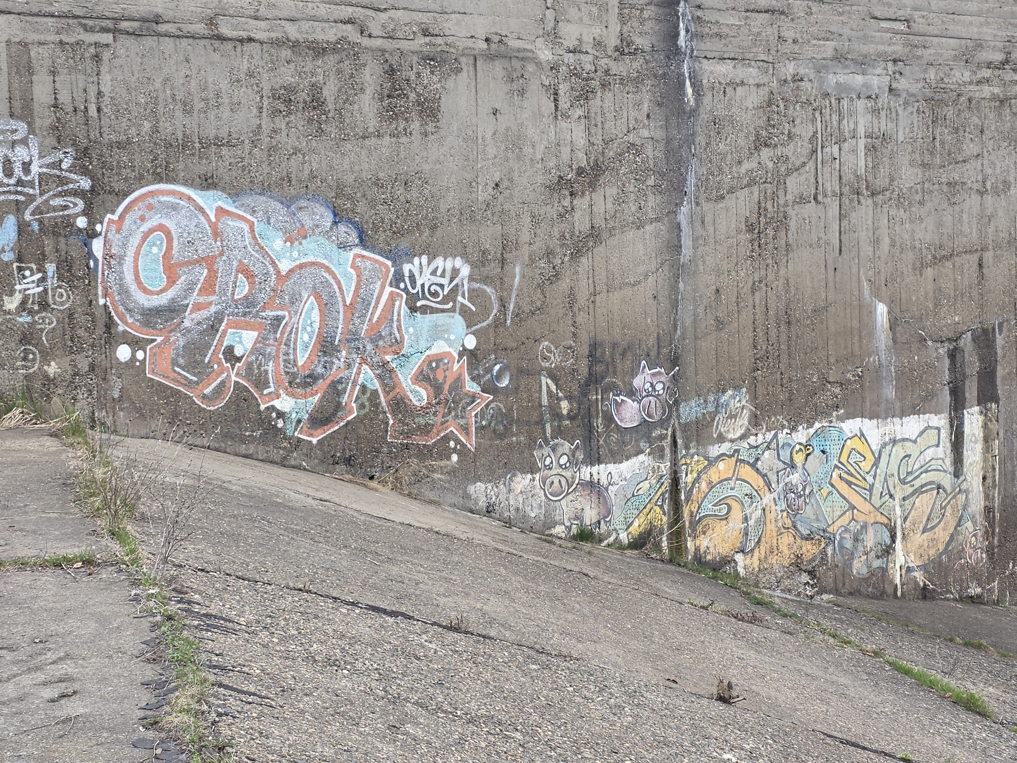 A concrete embankment in Chaikovsky, Russia, is covered with graffiti. The word "CROOK" is spray-painted in stylized letters. Further to the right, there are two cartoon pig-like figures. Another section of graffiti, featuring abstract shapes and a bird-like figure, is visible on the far right. The concrete wall shows signs of wear and staining. The ground, also concrete, slopes down from the wall and shows cracks and patches of grass.