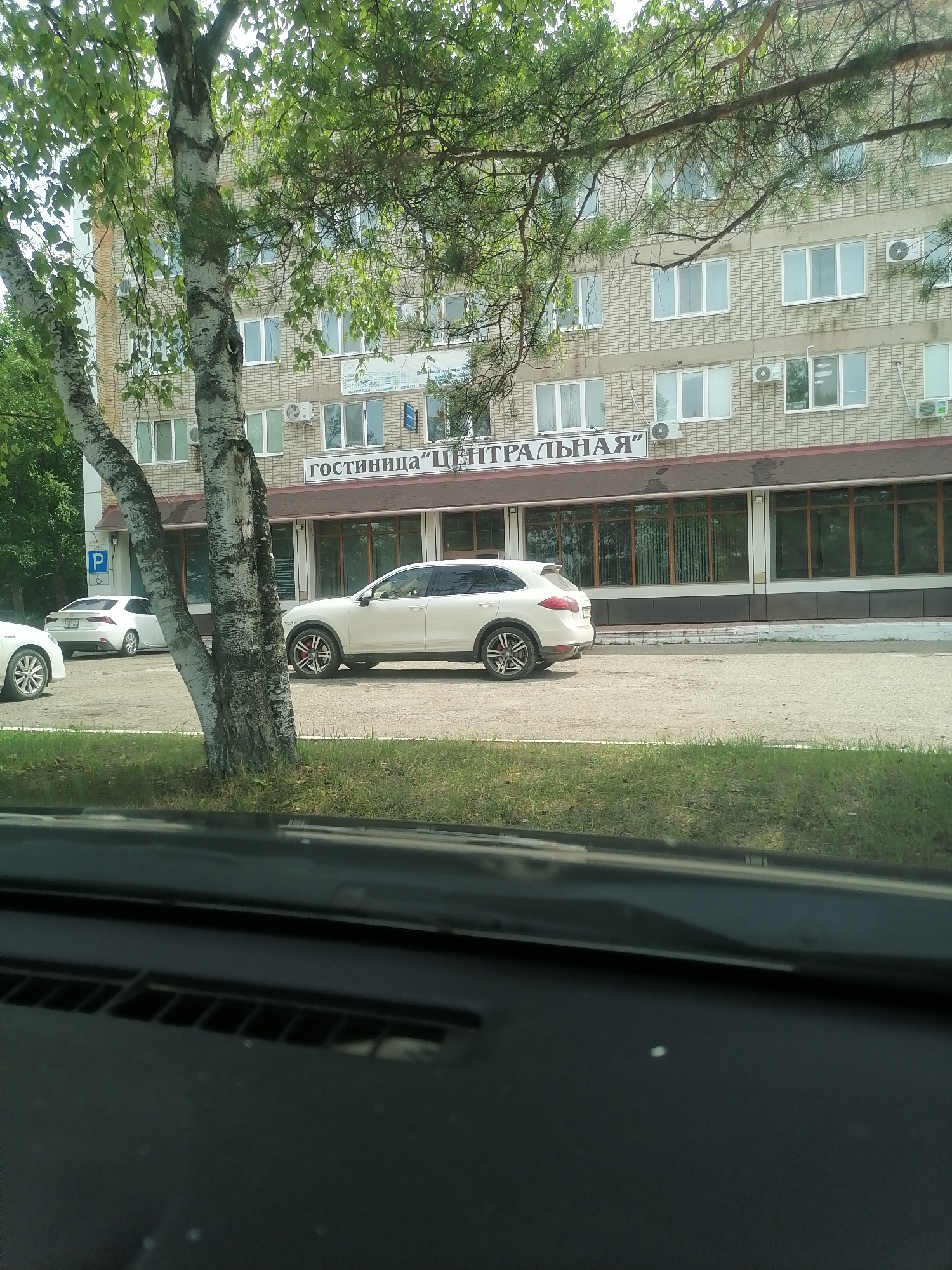 The image depicts a street scene in the city of Lesozavodsk, Russia, likely taken from inside a vehicle. In the foreground, the dark dashboard of a car is visible, with a speaker grille in the center. Beyond the dashboard, a tree with a white and black striped trunk stands prominently on the left, its branches with green leaves obscuring a portion of the background.
Behind the tree, a light-colored, multi-story building with brickwork and numerous windows is visible. A sign above the ground-floor windows reads "ГОСТИНИЦА "ЦЕНТРАЛЬНАЯ"" which translates to "Hotel "Centralnaya"". The ground floor features a row of large windows with dark frames, suggesting a commercial establishment, possibly the hotel lobby or reception area. Air conditioning units are mounted on the exterior walls of the building.
Several cars are parked or driving on the asphalt road in front of the building. On the right, a white SUV, possibly a Porsche Cayenne, is parked. To its left, a white sedan, possibly a Lexus, is also parked. Another white car is partially visible on the far left. A blue parking sign with a white letter "P" and a wheelchair symbol is positioned near the white Lexus. The environment appears to be an urban or semi-urban setting, with a strip of grass bordering the road. The overall lighting suggests it is daytime.