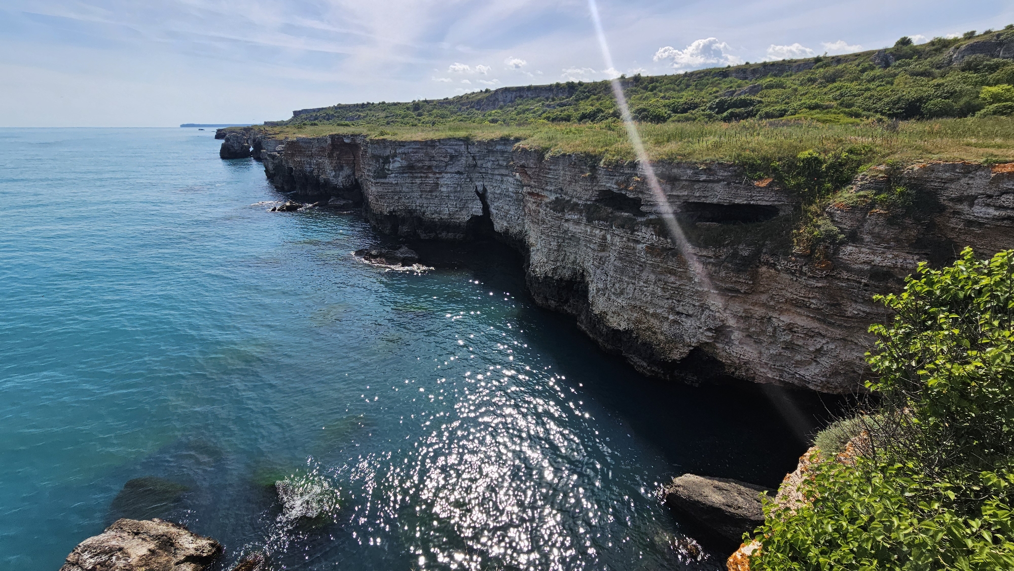 The image depicts a coastal scene in Kamen Bryag, Bulgaria. A layered, beige-colored cliff extends along the coastline, topped with green vegetation. The turquoise water of the Black Sea is visible below, reflecting sunlight. Several rocky formations are present in the water near the base of the cliff. Vegetation, including shrubs and grasses, is visible at the edge of the cliff in the foreground.