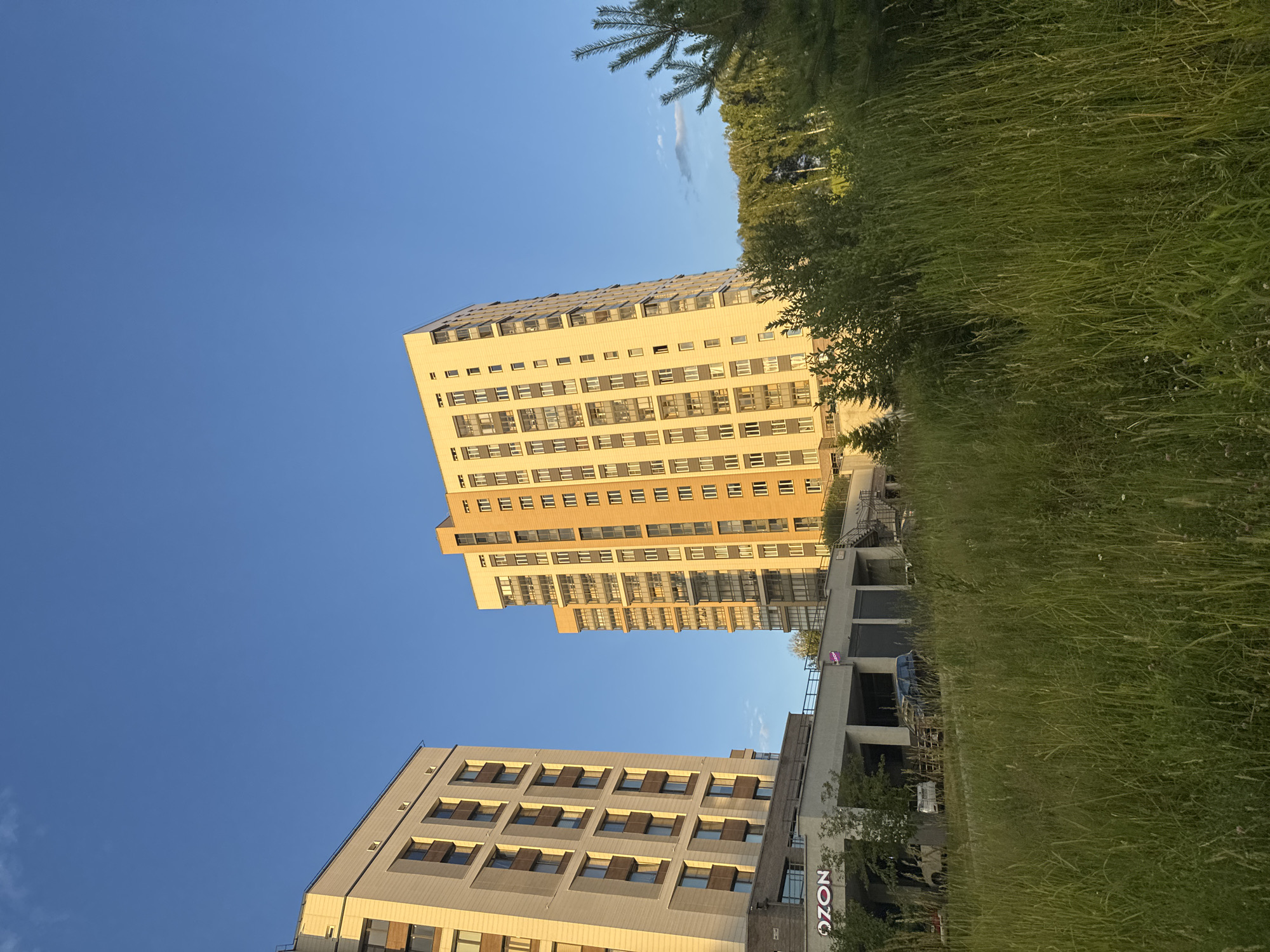 This media file depicts an outdoor scene with a clear blue sky. Dominating the frame are two modern residential buildings. The taller building on the left is a light-colored apartment complex with many windows and balconies, featuring an orange accent on its facade. To its right, a second, slightly shorter building is visible, also with numerous windows and a beige exterior. In the foreground, tall, lush green grass fills a significant portion of the image, suggesting a natural, unkempt area adjacent to the urban development. A few trees are also present, including what appears to be a pine tree in the upper left corner and denser foliage in the mid-ground.
The lighting suggests it is late afternoon or early evening, with a warm golden hue cast on the buildings. The weather appears to be clear and pleasant. On the lower building, the text "OZON" is visible in a stylized font, indicating a commercial presence. The overall impression is of a contemporary residential area in Koltsovo, Russia, where urban architecture meets nature. There are no people visible in the image, and the scene is static, conveying a sense of calm and everyday life.