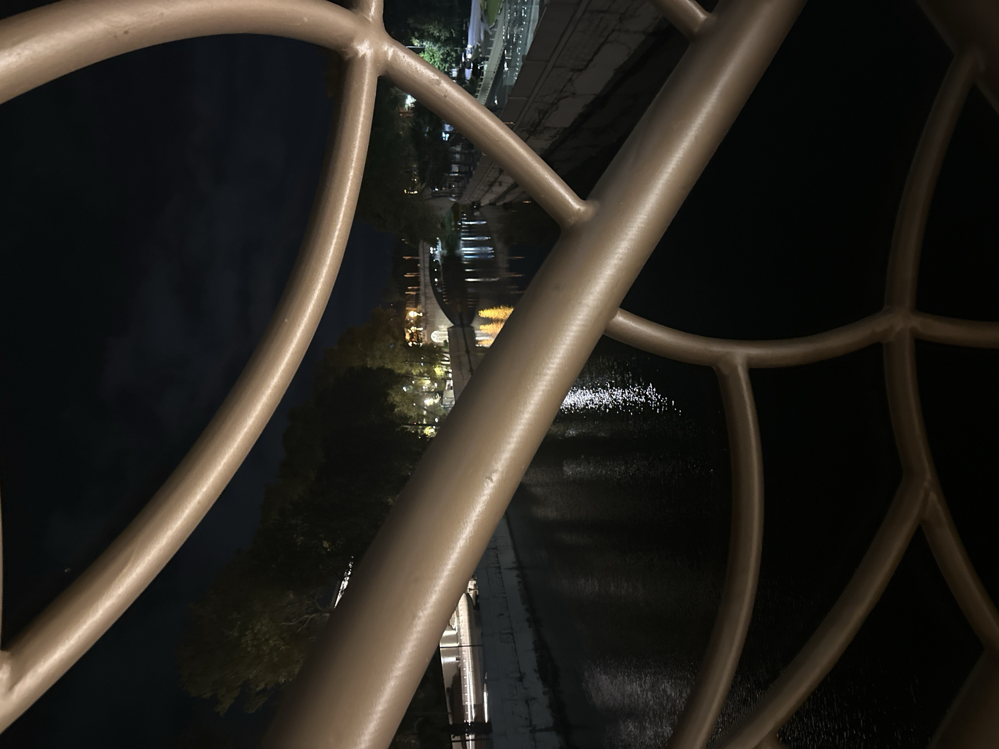 The image is a nighttime view through a decorative metal railing of a river in Sochi, Russia. The river is dark, reflecting the lights from a distant bridge and the surrounding city. Trees line the riverbanks, and a street with lights is visible on the left side. The metal railing in the foreground is a light brown color and features an intricate, organic design. The overall scene evokes a peaceful and serene atmosphere.