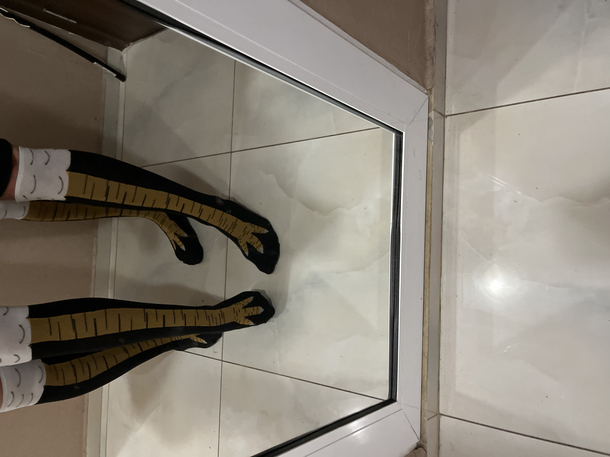 A person is wearing knee-high socks with a black and gold chicken leg design, complete with talons. They are standing on a tiled floor in what appears to be a room. The socks are reflected in a large mirror that is propped against a wall. The environment is simple, with a tiled floor and a plain wall. The lighting is moderate. The image appears to be taken indoors. There is no indication of the location being in Sofia, Bulgaria.