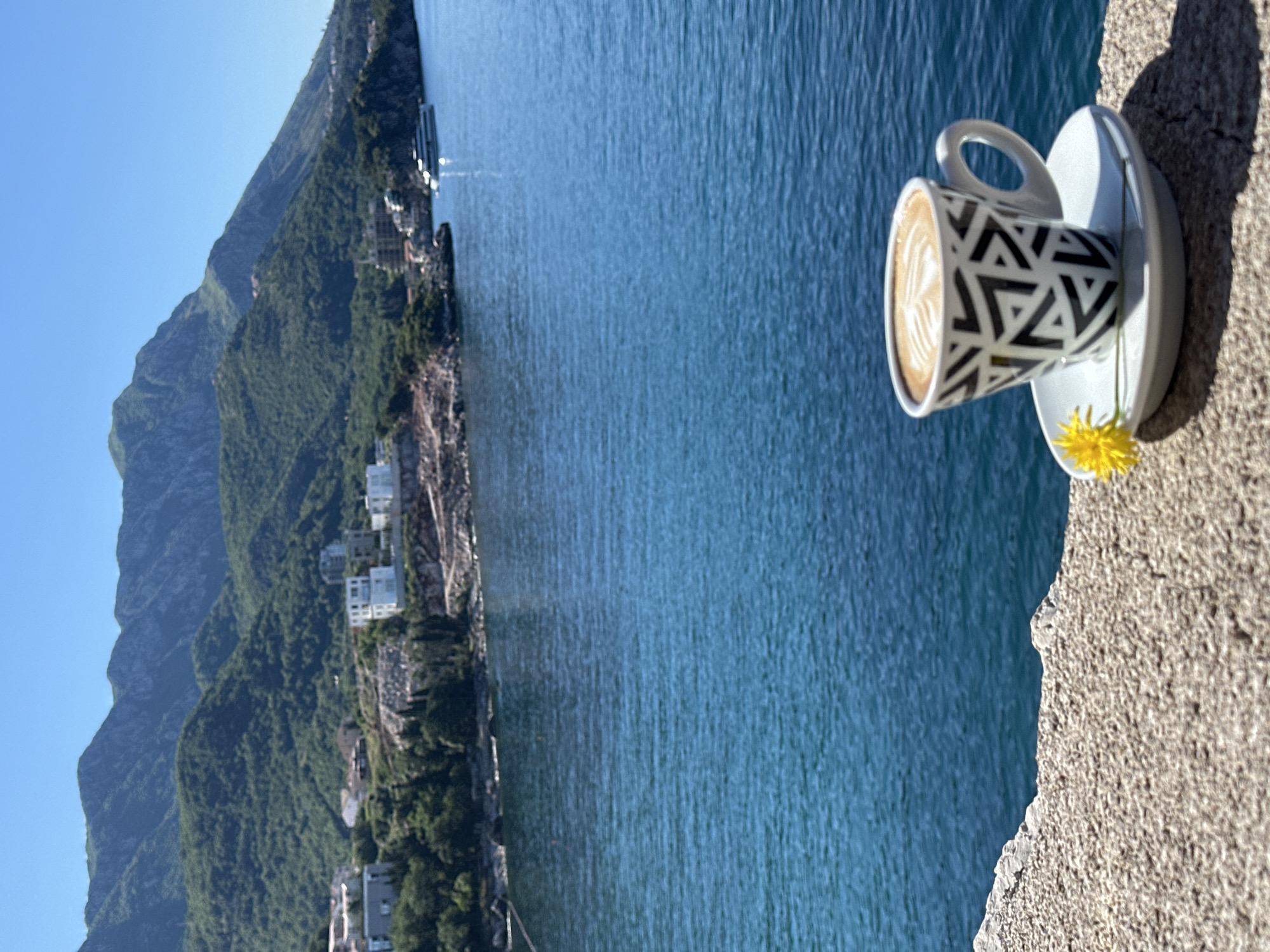 The image shows a cup of coffee on a saucer with a dandelion, perched on a concrete ledge. In the background is a body of water, likely the Adriatic Sea, with a coastline featuring mountains covered in green vegetation and scattered buildings. Based on the location metadata, this scene is in Boreti, Montenegro. There are no people visible in the image.