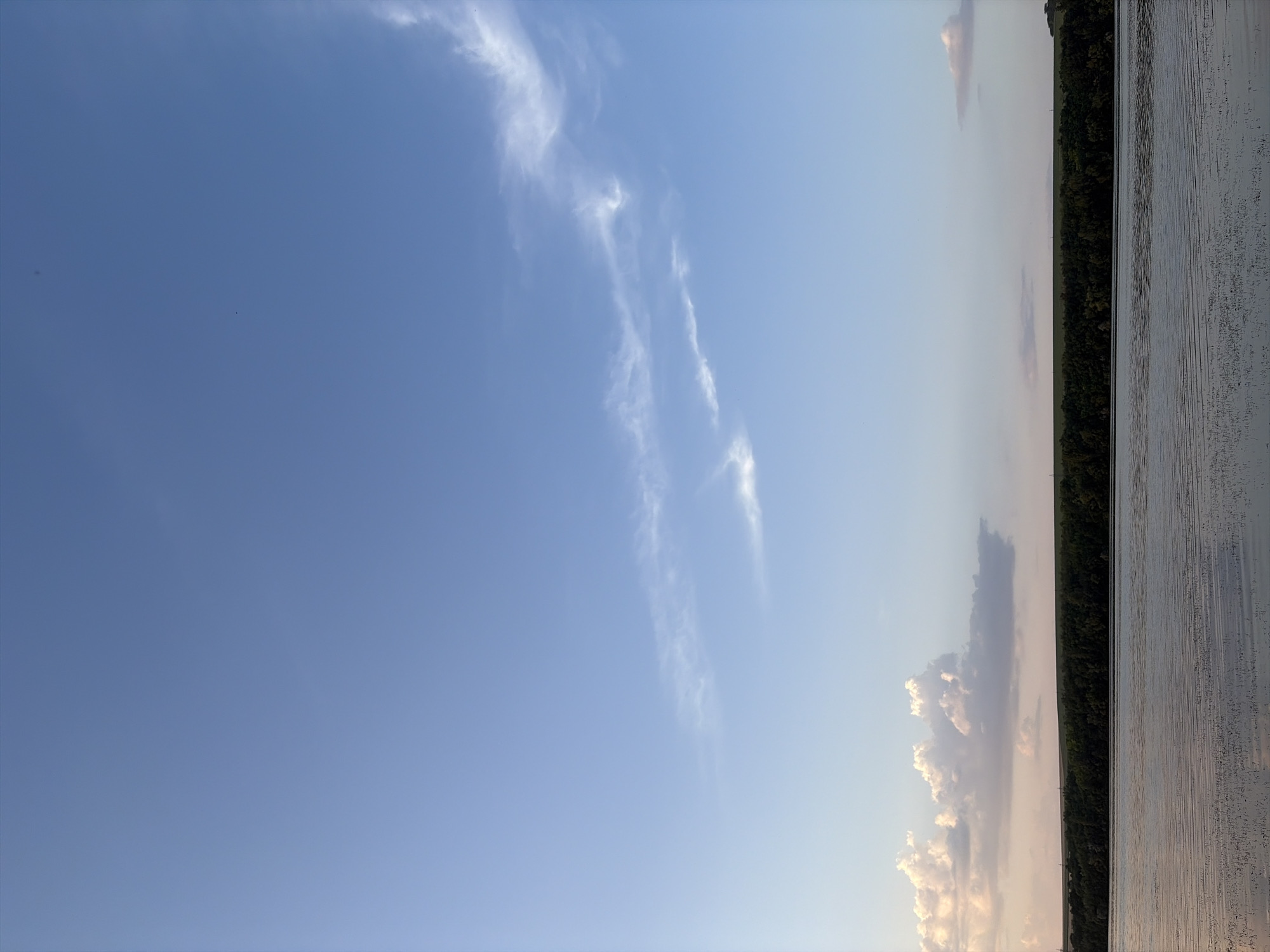 The image depicts a serene landscape scene, likely at sunset or sunrise, featuring a wide expanse of calm water in the foreground. A dense line of dark green trees forms a horizontal band across the middle of the image, separating the water from the sky. The sky is a soft blue, transitioning to lighter hues near the horizon, with wispy white clouds scattered across it. The water surface is slightly rippled, reflecting the muted colors of the sky and the dark treeline. The overall impression is one of tranquility and natural beauty. Based on the provided context that the image is from Oxentea, Moldova, this scene likely portrays a section of the Nistru River or a similar body of water bordered by the characteristic flora of the region. There are no people or specific man-made structures visible in this particular frame, focusing solely on the natural environment.