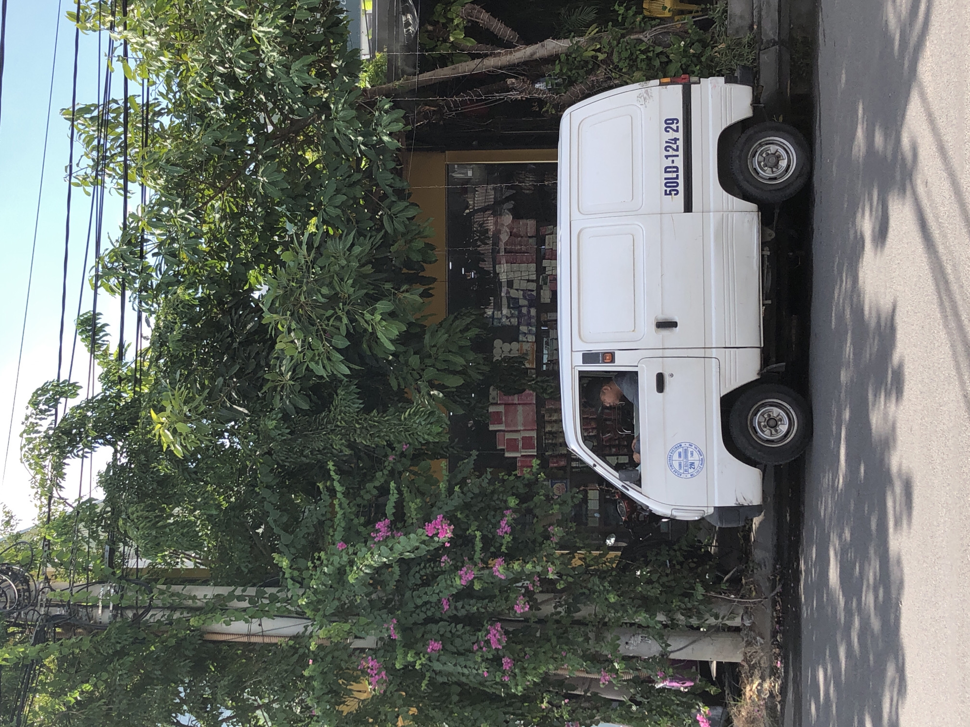 A white delivery van is parked on the side of a street in Đà Nẵng, Vietnam. The van, with the license plate "50LD-124.29", is partially obscured by lush green foliage and trees. Small pink flowers are visible on some of the branches. The van has its doors closed, and a person can be seen inside the driver's seat, appearing to be resting or looking downwards. The scene suggests a daytime setting, with sunlight casting shadows on the asphalt road. Reflections of the van and the surrounding trees are visible on the street. Behind the van, a building with a yellow facade is visible, with shelves of products seen through the window, hinting at a shop or store. The overall impression is a quiet moment on a commercial street, possibly in the afternoon.
