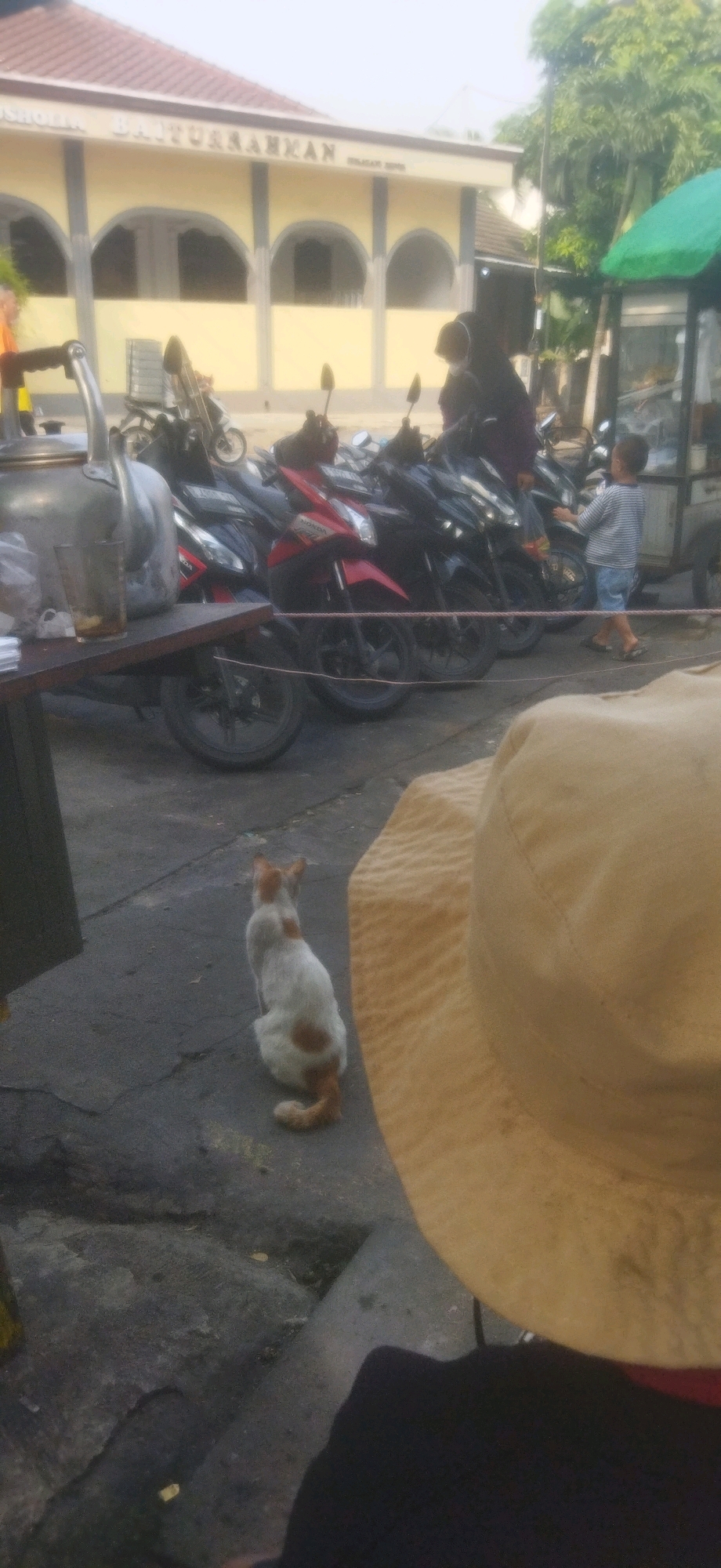A white and orange cat sits on a paved surface, facing away from the camera. In the foreground, a portion of a light brown hat is visible. Behind the cat, a row of motorcycles is parked. Further back, a yellow building with arched windows and signage that reads "USHOLIA BAITURRAHMAN" stands. A green awning covers a food stall to the right of the building, where a child in a striped shirt and shorts is interacting with the stall. A woman in a dark headscarf is seated on one of the motorcycles. The scene appears to be outdoors, possibly in a public area within the city of Depok, Indonesia, given the building's inscription.
