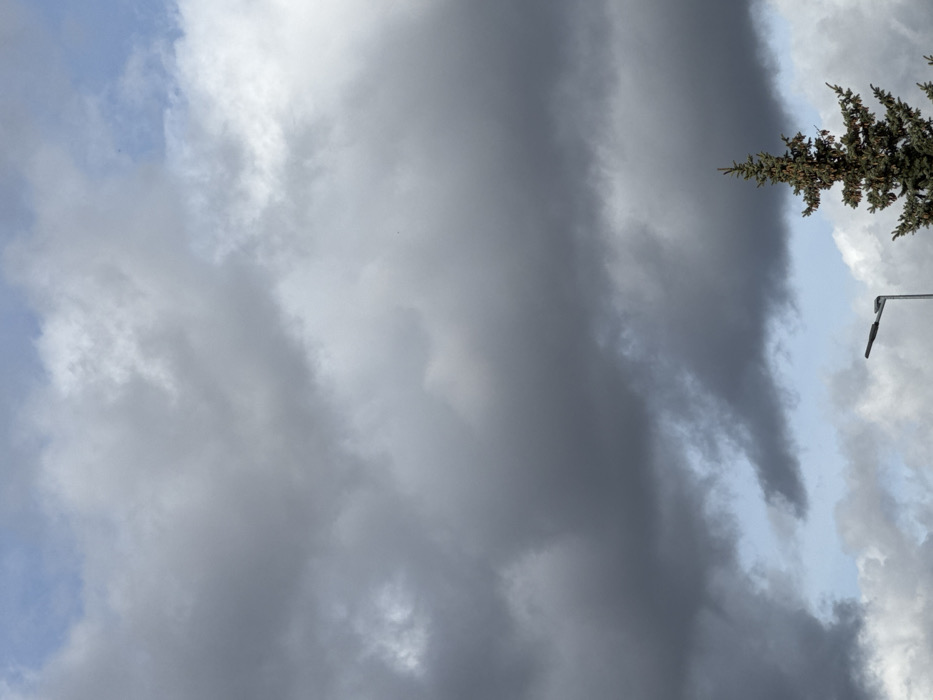The image captures a dynamic sky dominated by clouds, with portions of a tree and a lamppost visible in the upper right quadrant. The perspective suggests the photograph was taken looking upwards towards the sky.
The sky is a mix of heavy, dark grey clouds and brighter, whiter cloud formations. A large mass of dense, dark grey clouds spans across the left and central parts of the frame, suggesting an overcast or approaching stormy condition. Interspersed with these darker clouds are areas of lighter, fluffier white clouds, particularly noticeable in the upper left and middle right areas of the sky. Patches of clear, light blue sky are visible, most prominently in the upper left corner, providing a contrast to the dense cloud cover.
In the upper right corner of the image, the top branches of a coniferous tree are visible. Its dark green foliage, possibly consisting of pine or spruce needles, extends into the frame from the right edge. The tree appears full and healthy.
Immediately below the tree, also on the right side of the frame, is a partial view of a metallic lamppost. Only the upper arm of the post and a portion of its light fixture or attached sensor are discernible. The lamppost is dark in color and contrasts against the lighter sky and clouds behind it.
There is no specific activity taking place, and no visible text in the image. The scene depicts an outdoor setting under varying cloud conditions, possibly indicating changing weather or a transient moment during the daytime.
