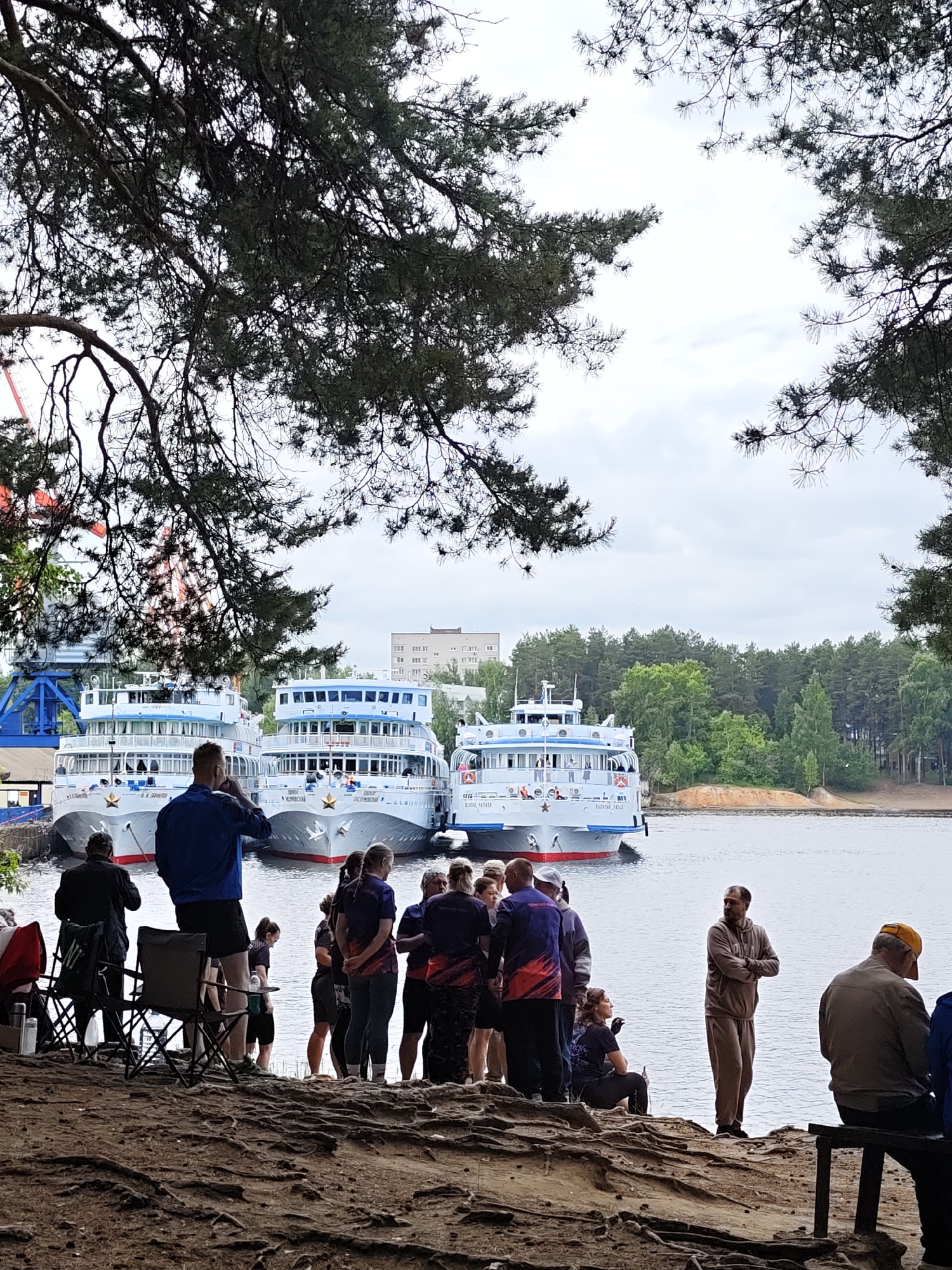In Chaikovsky, Russia, on a cloudy day, a group of people are gathered on the shore of the Kama River. In the background, three large white passenger ships are docked, with a city skyline and a forest visible beyond them. The foreground shows a sandy bank with tree roots and a few camp chairs. A group of people are standing and sitting near the water's edge, some appearing to be engaged in conversation. One person stands with arms crossed, looking out at the river, while another sits on a bench facing away from the camera. The overall scene depicts a leisurely outdoor gathering by the water.